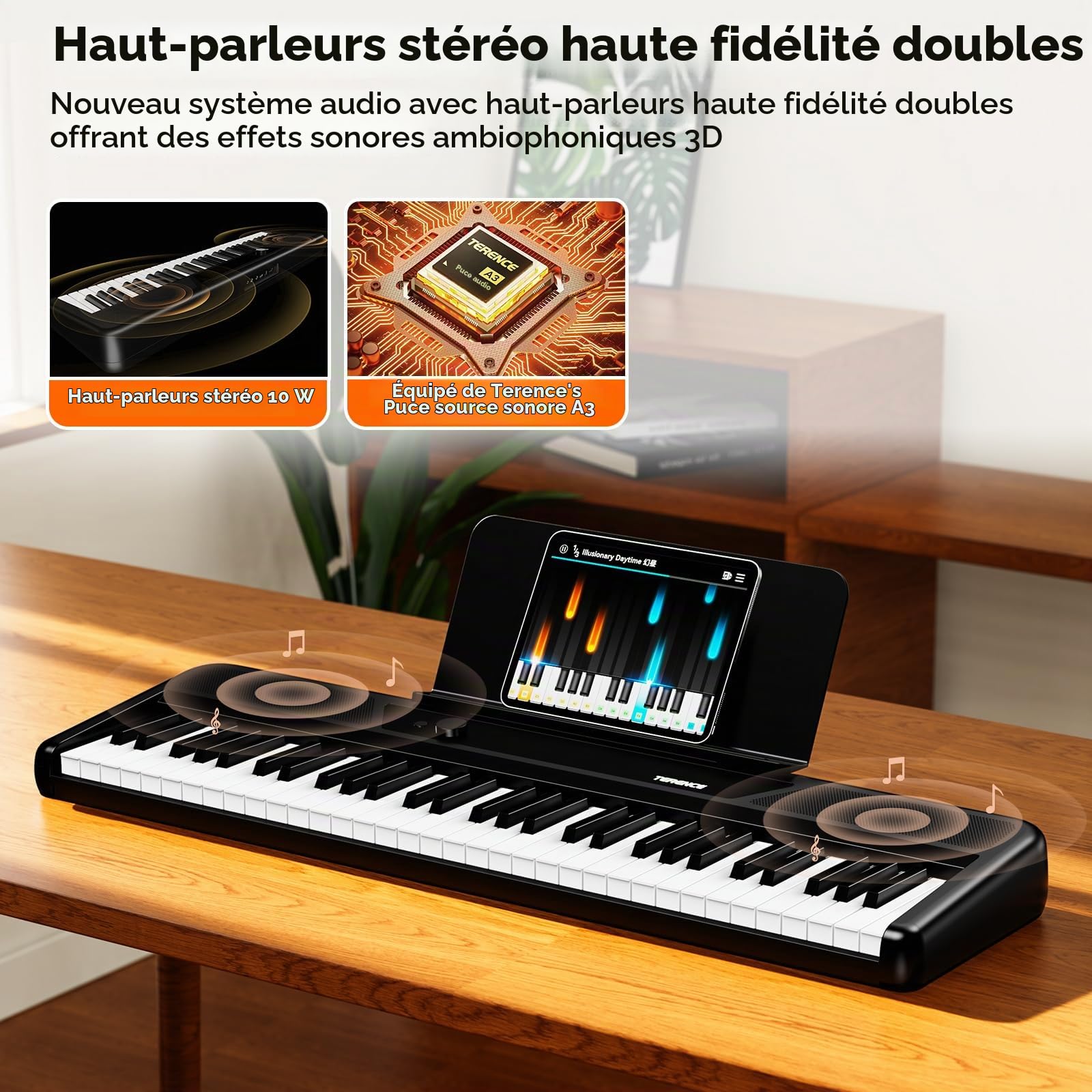TERENCE Piano électronique à 61 touches avec support 2 haut-parleurs de 5 W réponse au toucher idéal pour débutants et adultes portable MIDI 128 sonorités