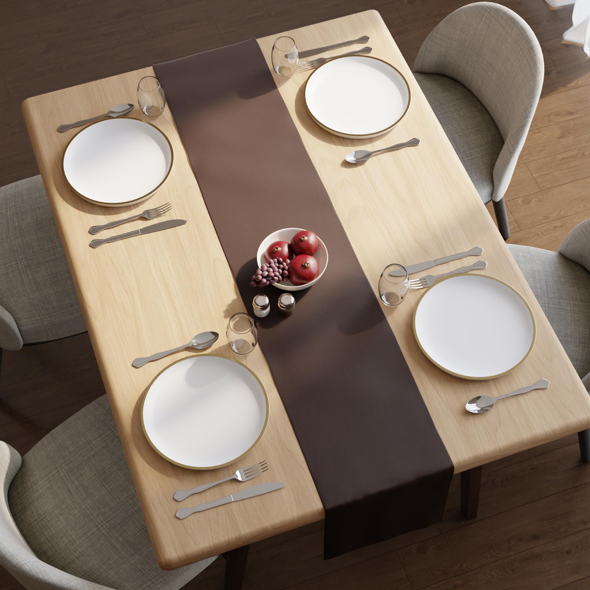 Encasa XO Runner Tavola in Finta Pelle, Impermeabile 12"x72" | Marrone scuro, Spessore 0,7 mm | Retro Tricot Antiscivolo | Facile da Pulire con Panno Umido | Protegge il Tavolo