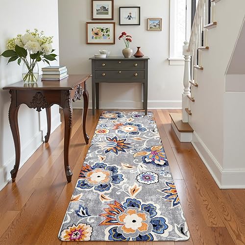 Miniatura 7 de Lahome Alfombra de pasillo floral lavable antideslizante de 2 x 6 pulgadas, ligera, suave, con estampado de cachemira gris, alfombra de interior