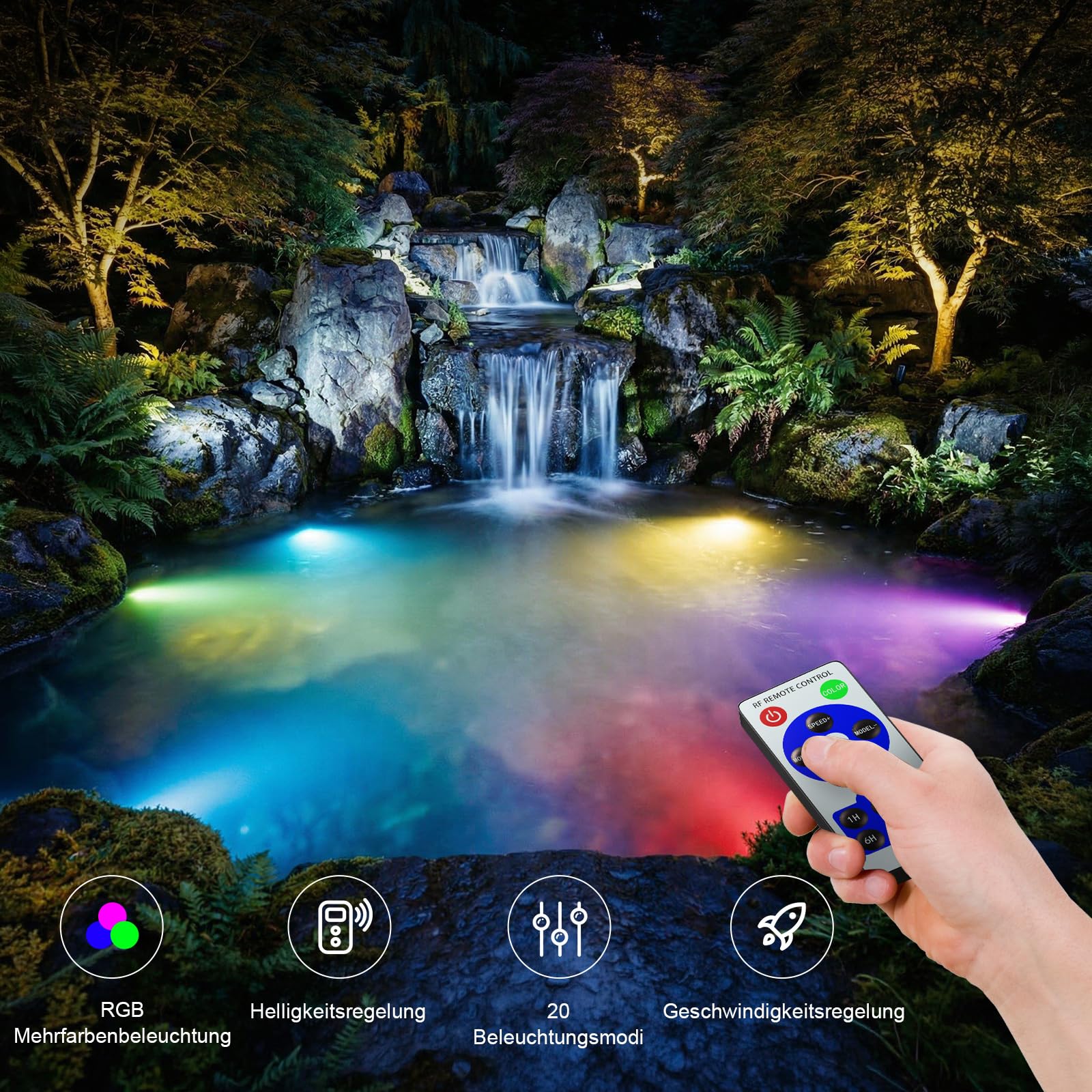 POPOSOAP Projecteurs Sous-Marins RGB avec Minuterie, 20 Couleurs Réglables Lampe LED Submersible IP68 Étanche, Télécommande pour Étang Jardin Piscine Aquarium Décoration (Lot de 6)