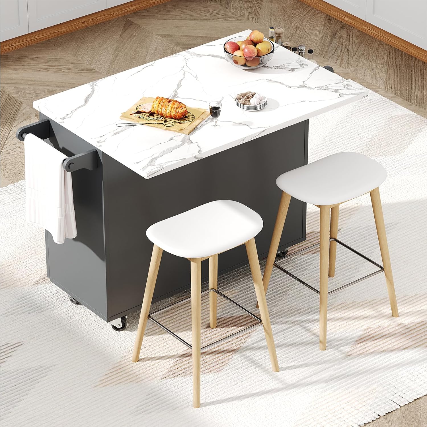 4 EVER WINNER Kitchen Island on Wheels with Storage and Drop Leaf, Marble Tabletop, 43" Kitchen Island Cart with Towel Rack & Spice Rack, Rolling Islands cart for Kitchen, Gray