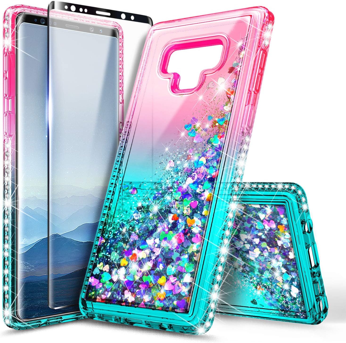 Galaxy Note 9 Case with Screen Protector (3D Pet Full Coverage) for Girls Women, NageBee Glitter Liquid Bling Floating Quicksand Waterfall Shockproof Cute Case for Samsung Galaxy Note 9 -Pink/Aqua
