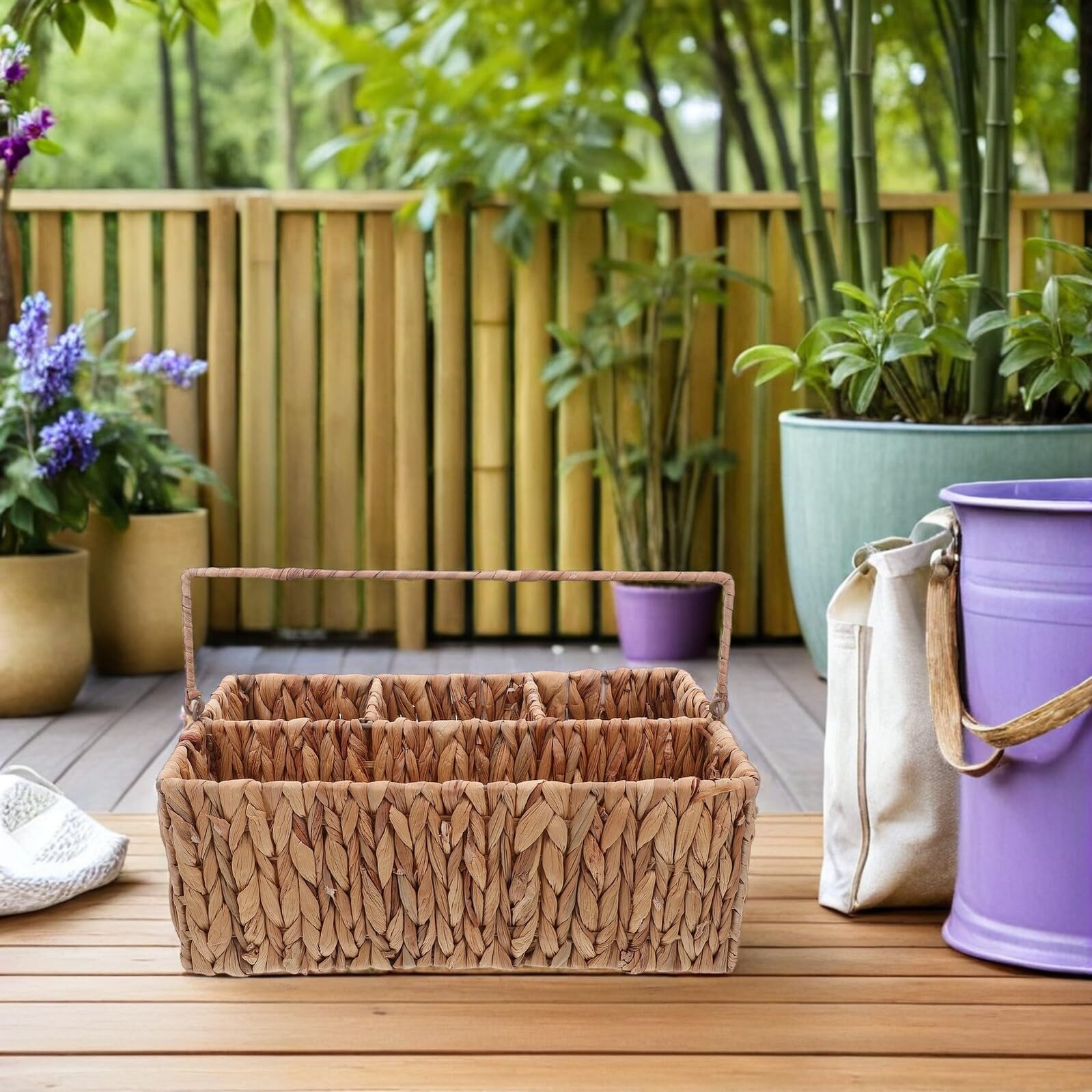 TOYANDONA Weidenkorb mit Fächern für Besteckaufbewahrung Handgeflochten aus Naturbelassenem Stroh mit Stabilen Eisenrahmen als Picknickkorb oder Utensilienorganizer für Küche und Haus