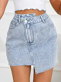 Saia jeans feminina assimétrica bodycon cintura alta rasgada mini saia jeans com bolso