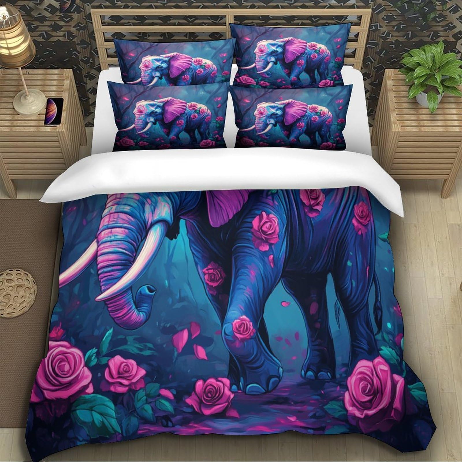 elefante di fantasia Impressione 3D 3 pz cover piumone arte fantasy colorata fodera per edredone microfibra ipoallergenica antiacari per bambini ragazzi uomini King（220x240cm）