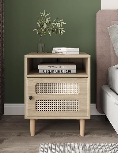 Mesita de noche de ratán con estación de carga, mesa auxiliar bohemia, mesa auxiliar con puertos USB y tomas de corriente, 1 almacenamiento y patas