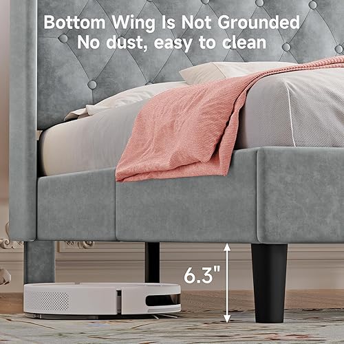 Miniatura 9 de Marco de cama matrimonial, marco de plataforma tapizado ajustable de terciopelo con puertos tipo C y USB, cabecera de almacenamiento con respaldo de