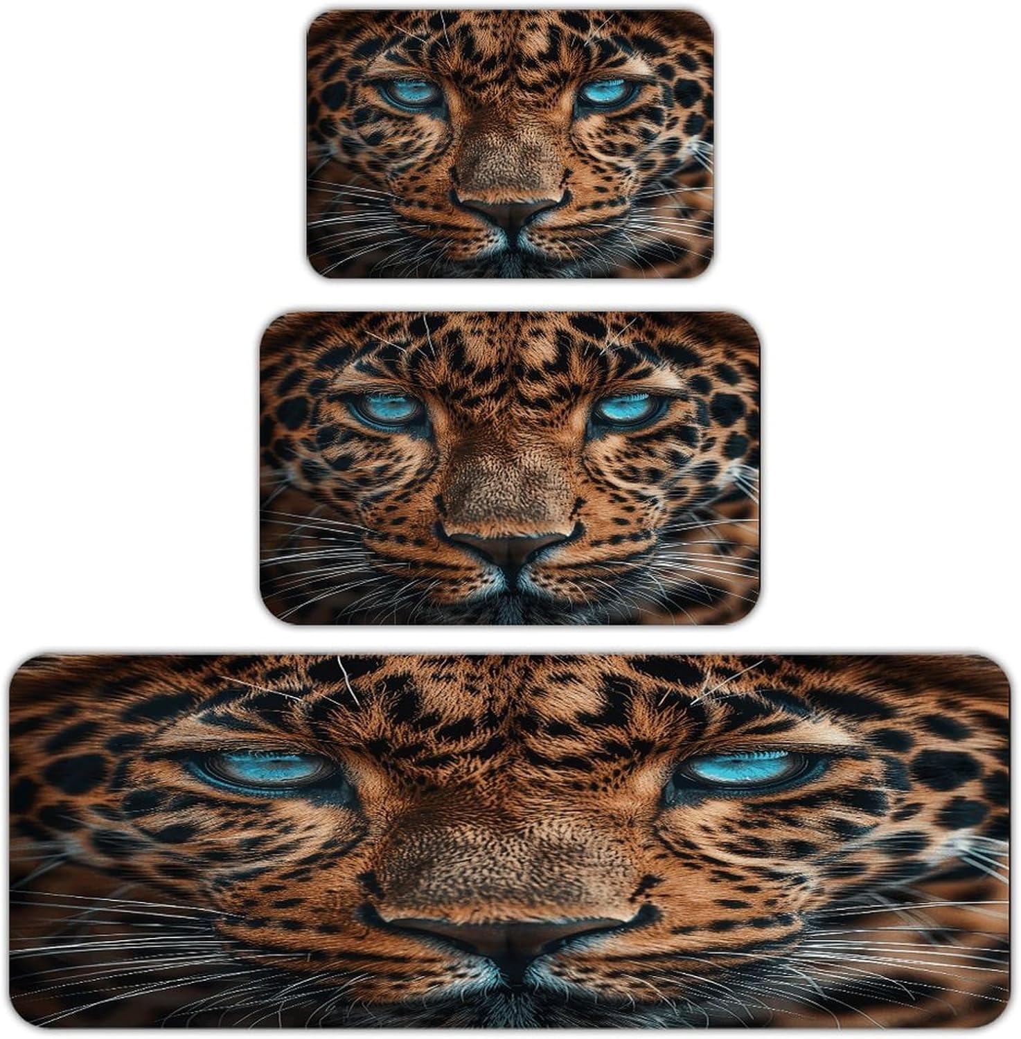 Leopard Face Kitchen Mat Set of 3 Waterproof Floor Mats Non-Slip Kitchen Rugs Premium Flannel Rug Heavy Duty Standing Mat for Kitchen Home Bathroom Laundry