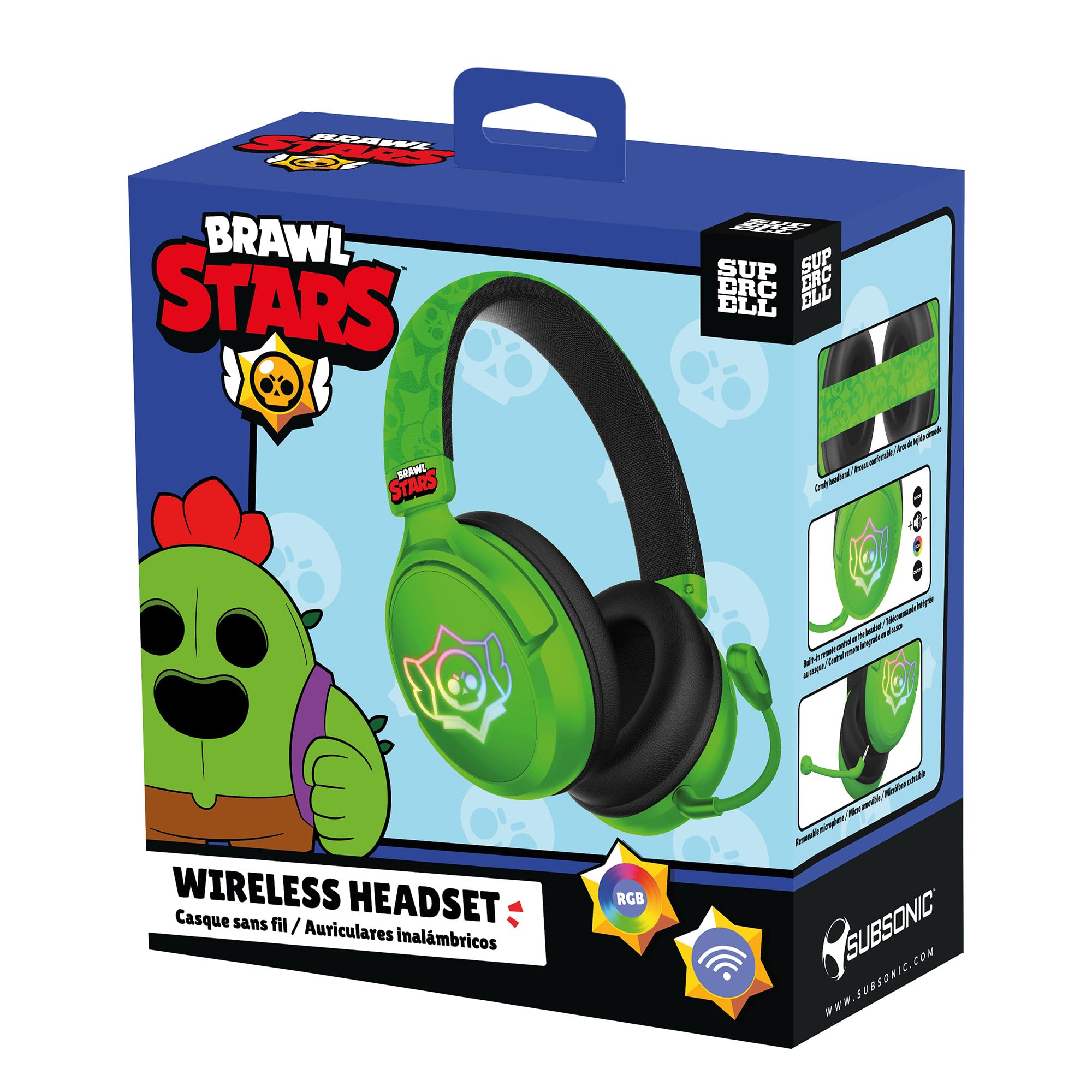 Subsonic - Auriculares Inalámbricos para Juegos Brawl Stars con LED y Micrófono Extraíble. Auriculares Bluetooth para Juegos - Compatibles con Todas Las Consolas, PC, Tabletas y Smartphones - Verdes