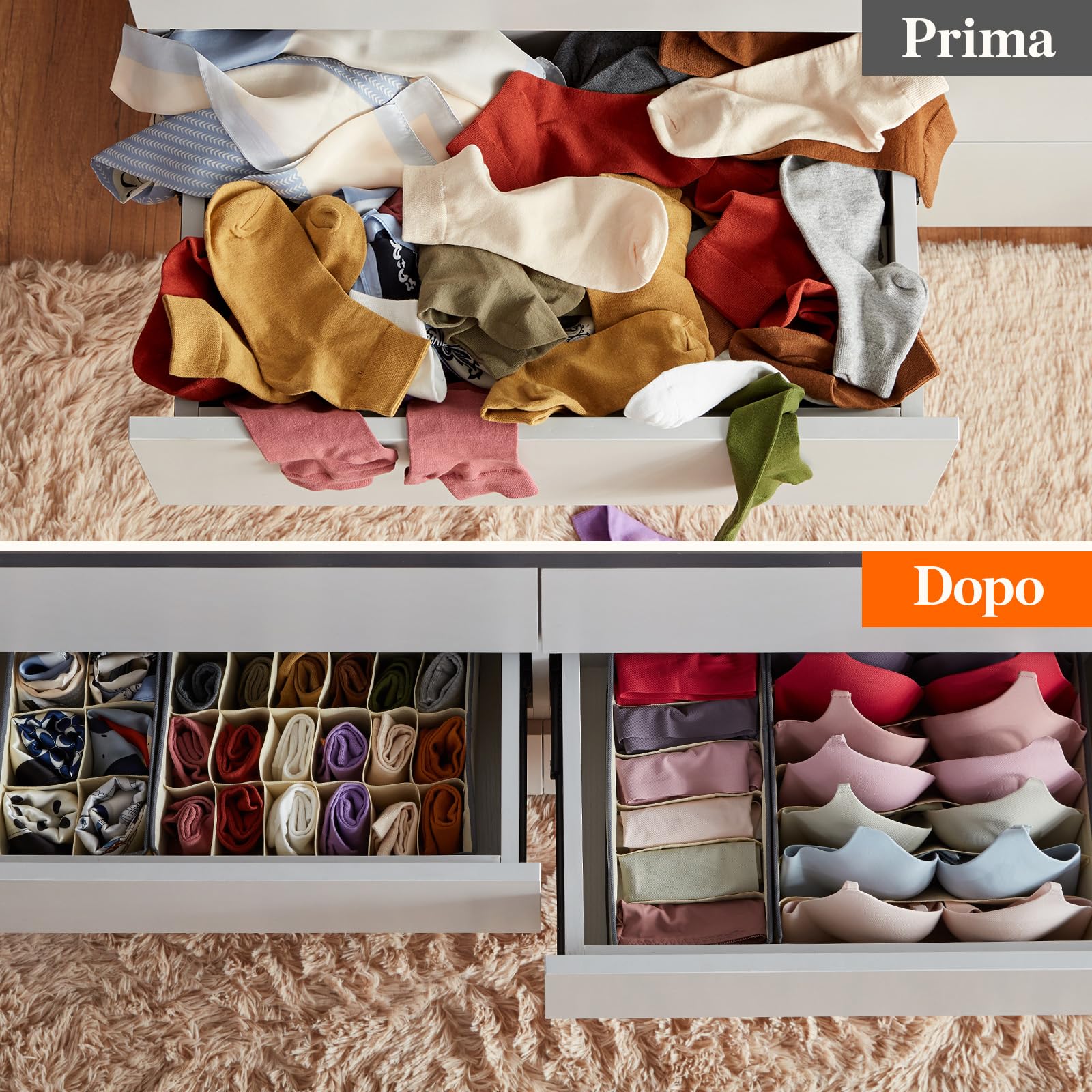 Lifewit Set di 12 Divisori per Cassetti Intima, Organizer Armadio, Separatori Pieghevoli in Tessuto per Cassetti e Scatole per Conservare Lingerie, Reggiseni, Mutande, Kaki