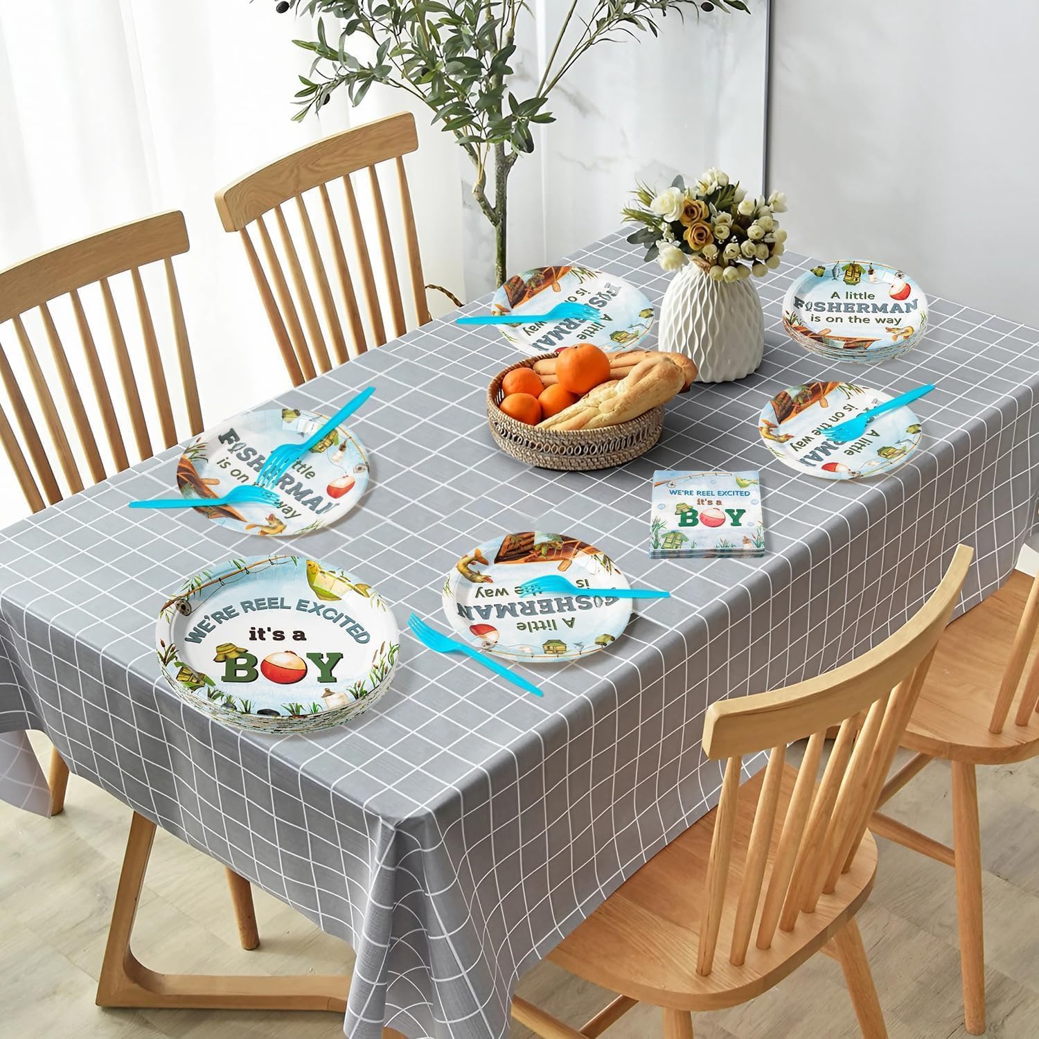 Fishing Party Supplies: tableware includes 9-inch paper plates, 7-inch paper plates, napkins and forks. Tablecloth; Gift bag