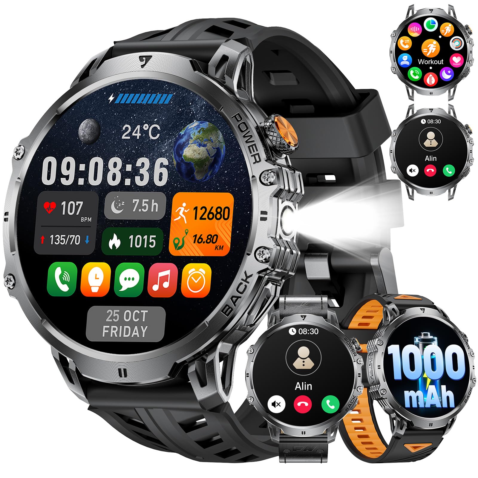 Reloj Inteligente Hombre con 1000mAh Batería,1.85" Smartwatch Hombre con Llamadas/LED Linterna,110+ Modos Deportivos,IP68 Impermeable/Pulsómetro/Sueño,Pulsera Actividad Android iOS Negro Grafito