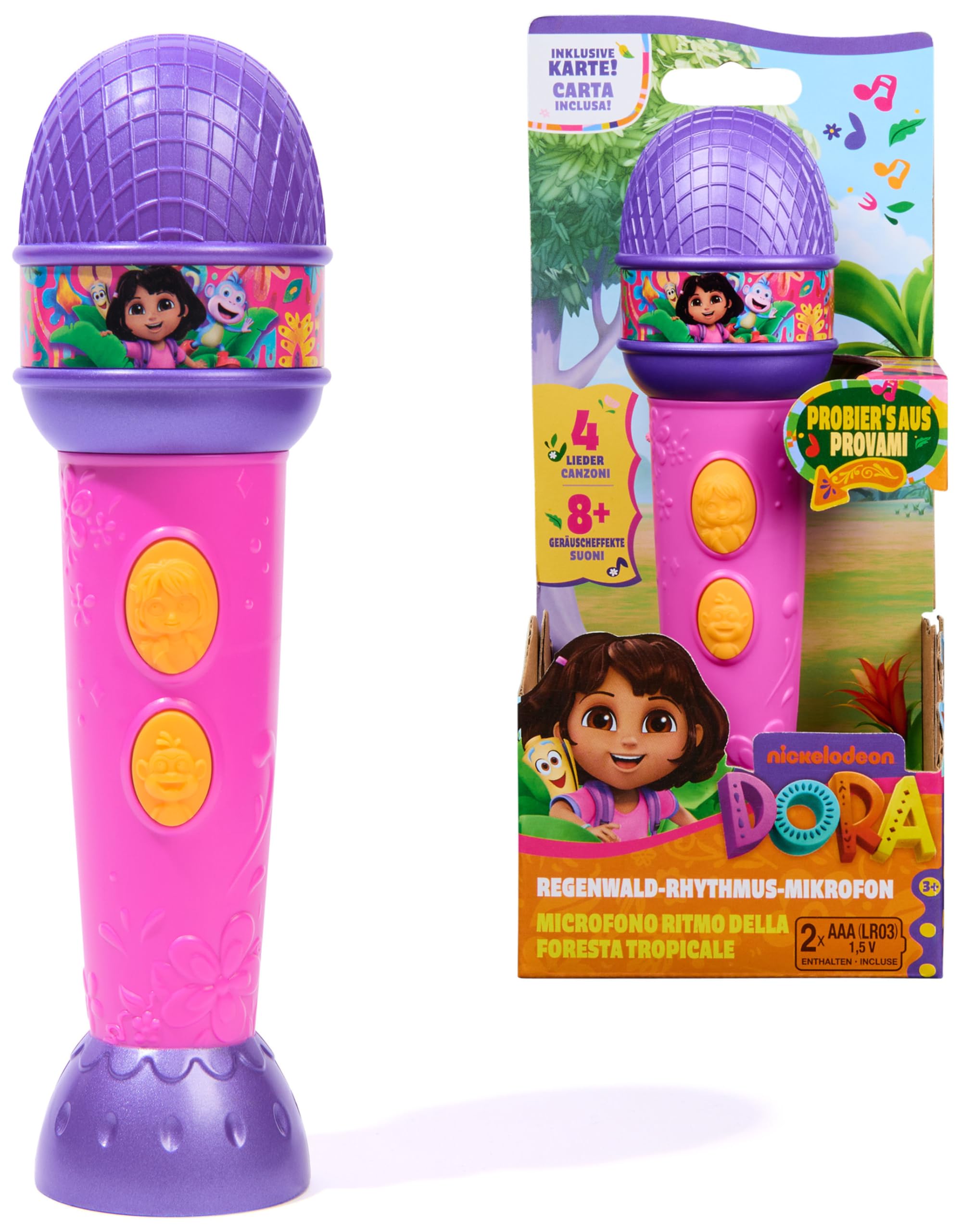 Dora Regenwald Musik Mikrofon ca. 22 cm mit 4 Liedern und 8 Sound-Effekten aus der beliebten TV-Serie, wahlweise auf Deutsch oder Italienisch einstellbar interaktiver Singspaß für Kinder ab 3 Jahren