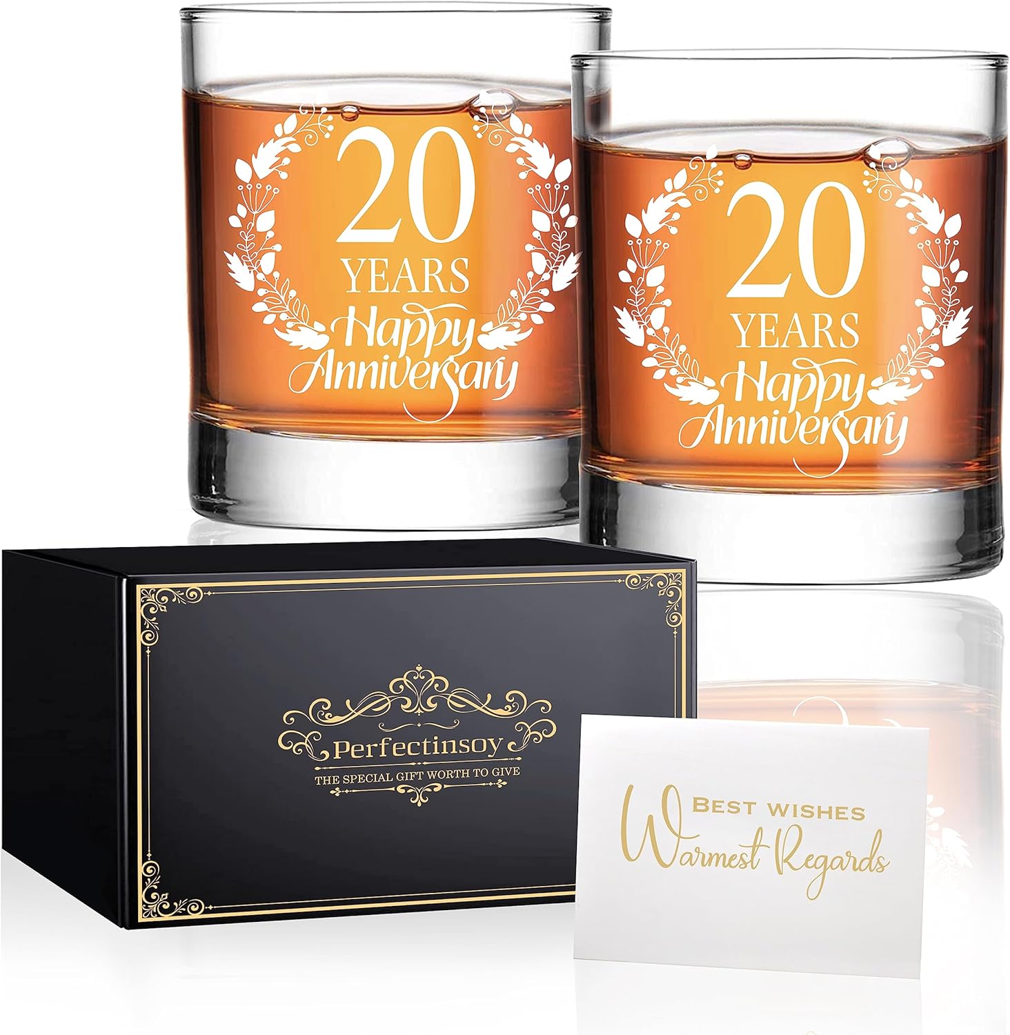 Perfectinsoy 20 Years Happy Anniversary Whiskey Glass Gift Set, 20th Anniversary Wedding Gift For Mom, Dad, Grandparents, Soulmate, Couple, 20 Years Gifts, Happy 20th Anniversary Birthday