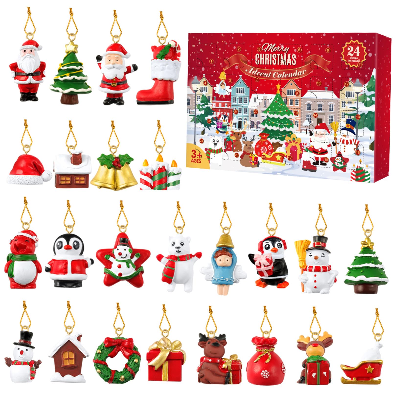 Alipis Adventskalender mit 24 Hängenden Kunstharz Anhängern zum Aufhängen Weihnachtsbaumschmuck mit Countdown Funktion zum Dekorieren von Bäumen und Räumen