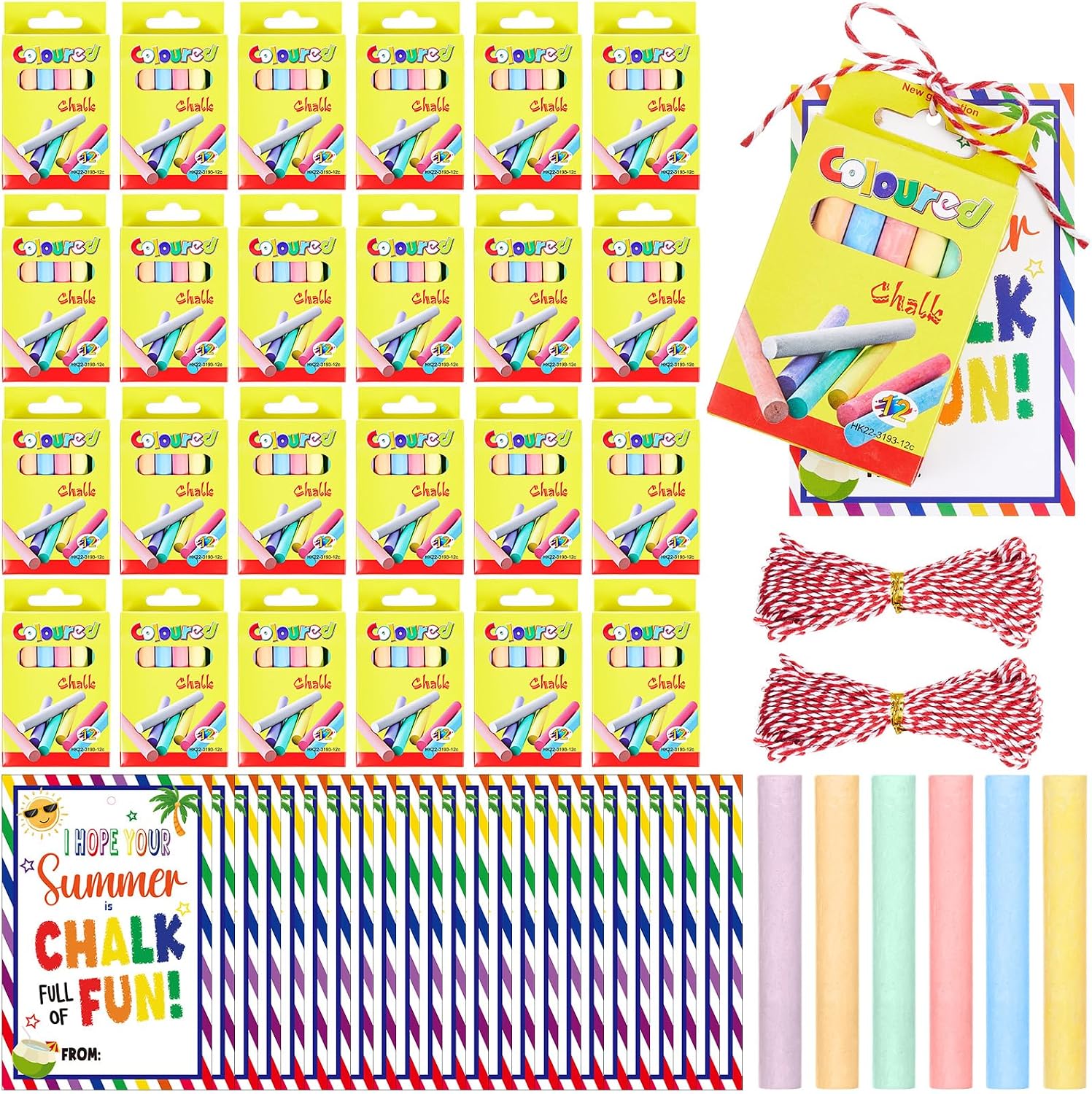 AmazingSpark 24 Sets 288 Count End of Year Gift for Student from Teacher Sidewalk Chalk Party Favors with Gift Card Colorful Mini Chalk Stick for Boy and Girl Kid School Student Office Summer Supplies