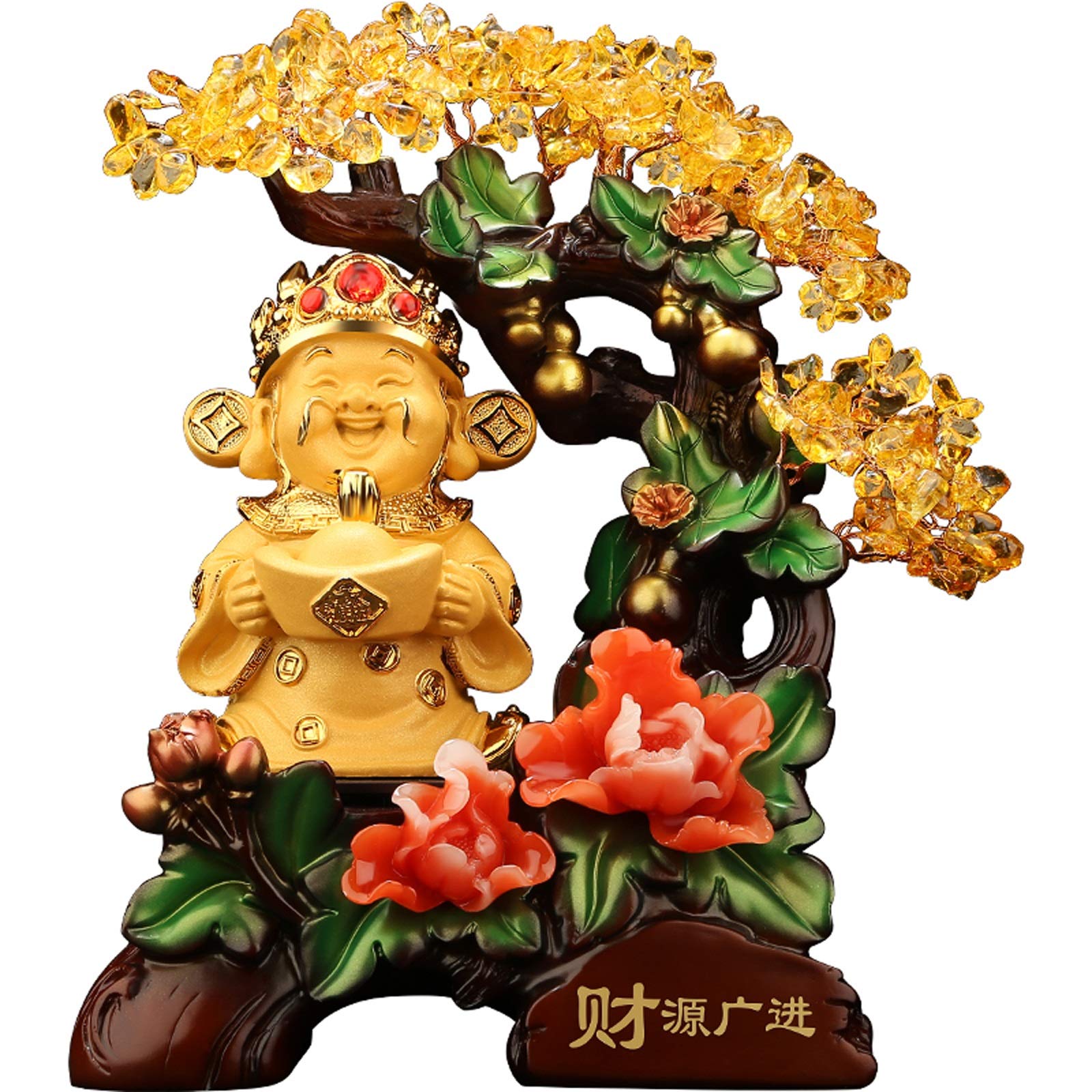 Feng Shui Statue Money Tree Crystal Art Decoration Resin Laughing Buddha Statue Lucky Happy Buddha Figurines Fengshui Gem Decoration Fortune Money Tree Attract Wealth Good Luck Sculptures