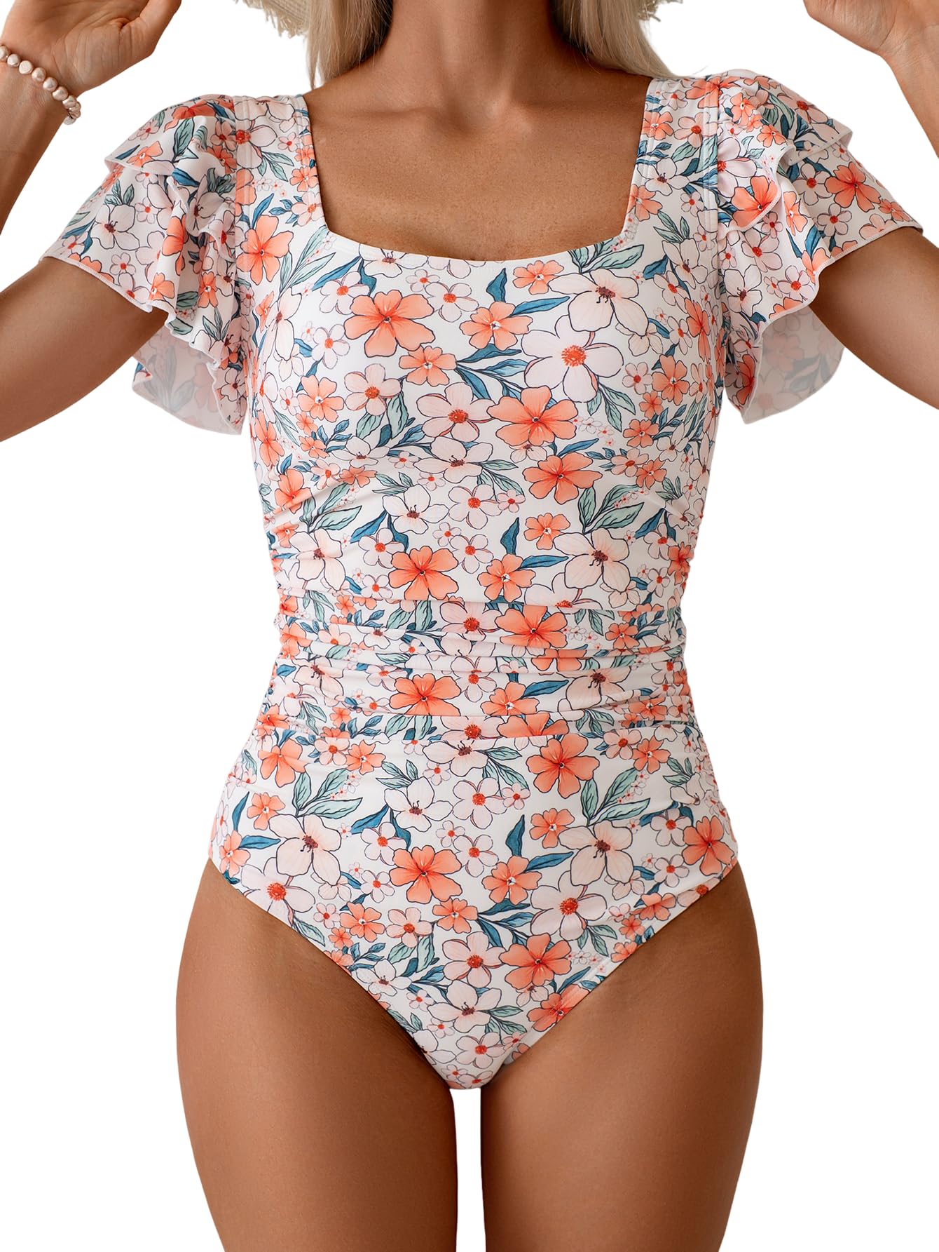 Eomenie Women's Ruffle Sleeve One Piece Swimsuit Tummy Control Bathing Suit | Square Neck, Ruched, Slimming, Modest, Cutout Back, Non-removable Padding