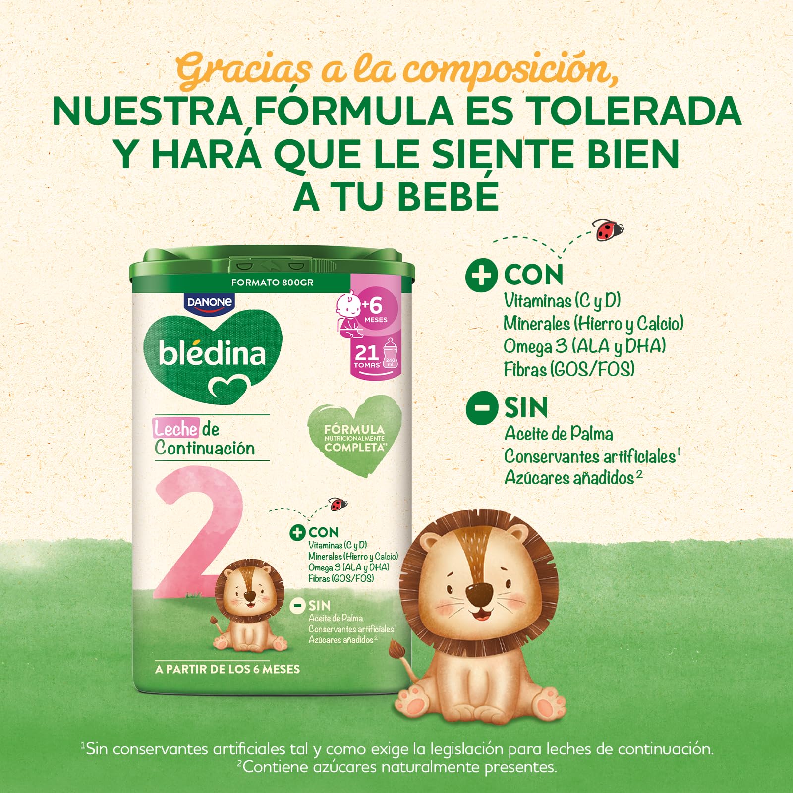 Blédina 2, Leche de Continuación para Bebé, Fórmula Completa con Vitaminas, Minerales, Omega 3 y Fibras. Sin Aceite de Palma, Sin Conservantes Ni Azúcares Añadidos. Desde los 6 Meses, Pack 6x800g
