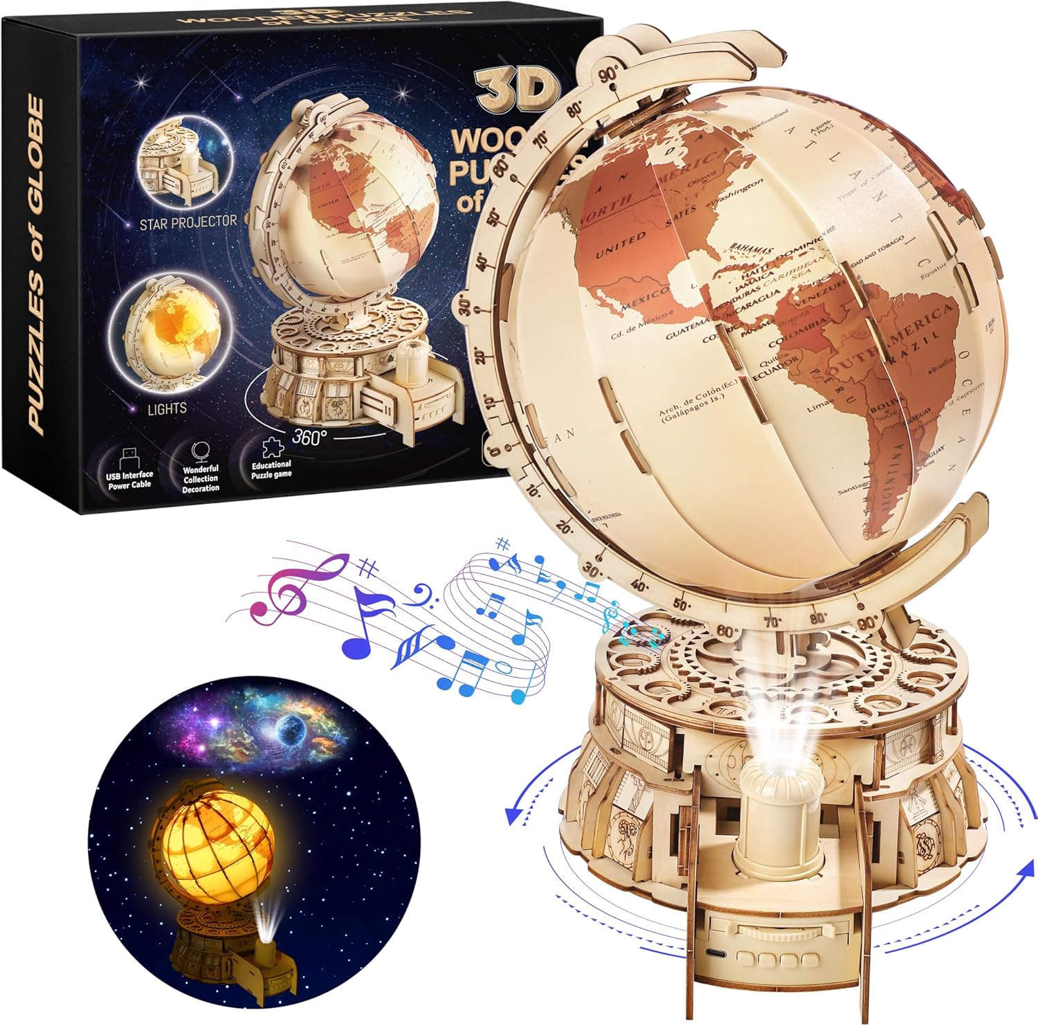 Elcoho 189-Piece 3D Wooden Globe Puzzle for Adults - 24 x 22 x 35cm Illuminated Globe DIY Model Kit with Stand Built-in LED Music Starry Projector Slide Box Stem Gifts for Adults/Teens