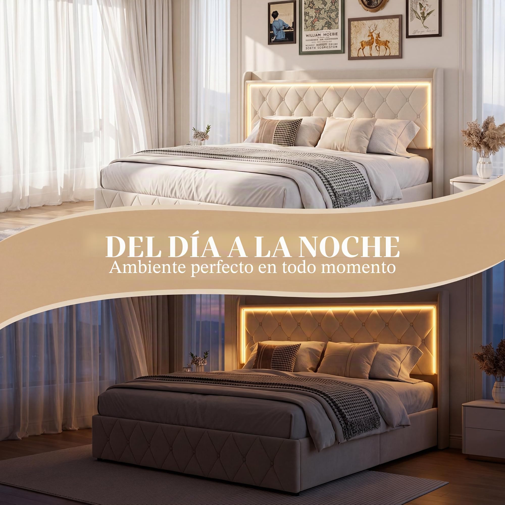 DADEA Cama Matrimonio 140x200 con LED y USB, Camas Matrimoniales con Canapé, Cama Doble Matrimonio Moderna con CabeceroCama Tapizada 140x200 con Almacenaje Camas Adultos con Somier, Sin colchón