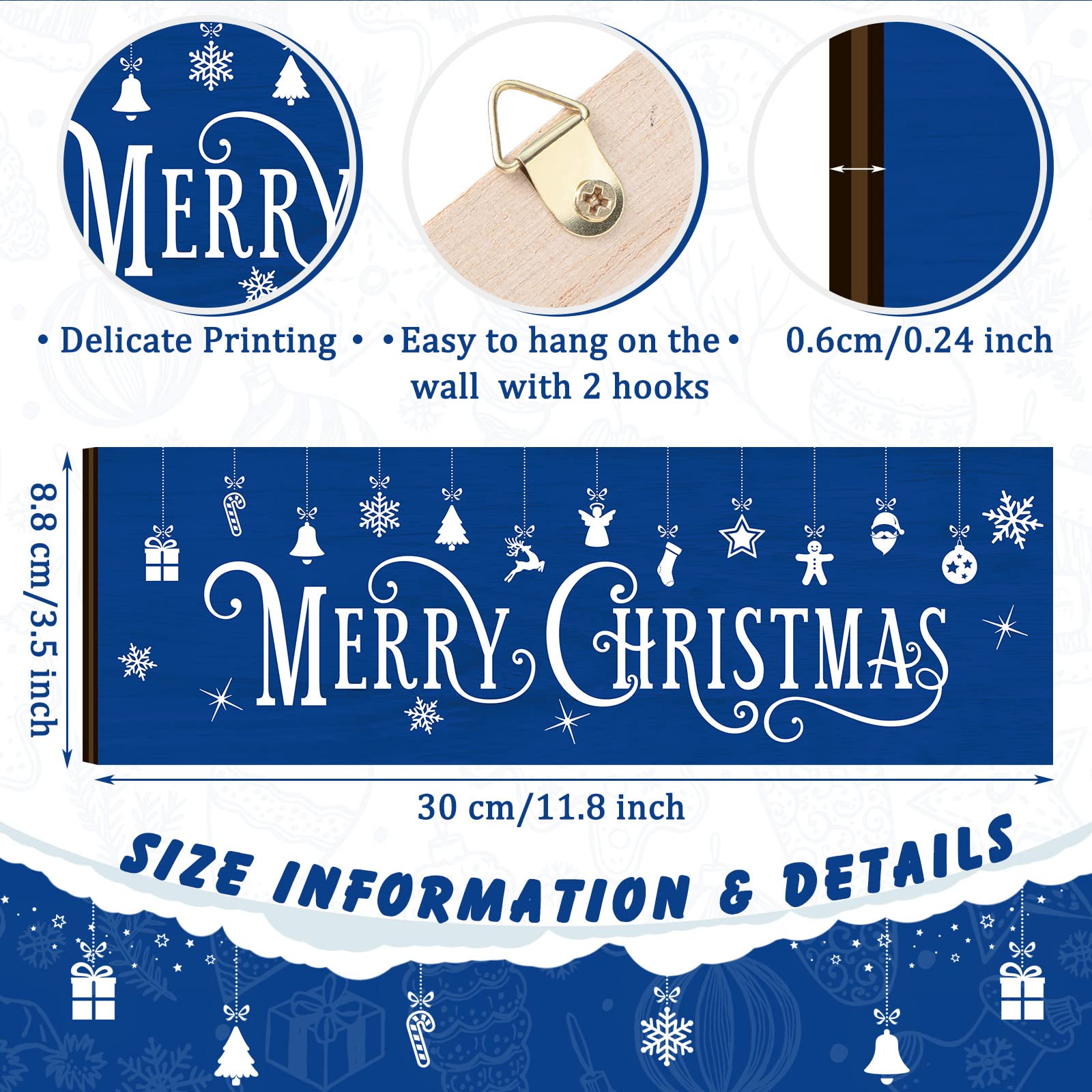 3 letreros colgantes azules de Navidad de madera rústica con copos de nieve para colgar en la pared, adornos y placas de madera para Navidad, vacaciones, invierno, decoración del hogar