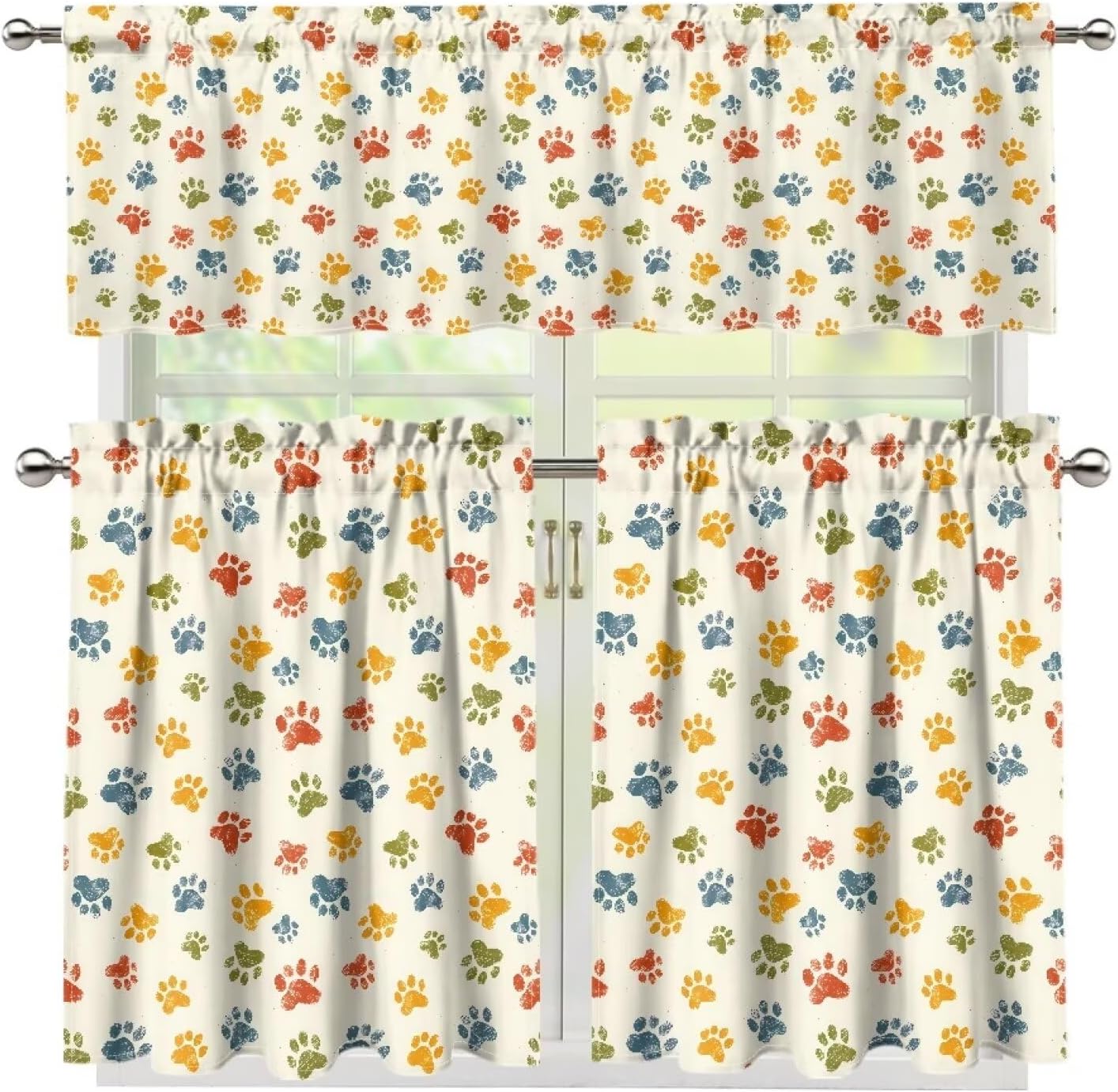 Colorful Paws Curtain for Kitchen Bathroom Washable Curtain Sets for Living Room Rod Pocket Window Treatment 3 Piece Set Curtains Valance for Home