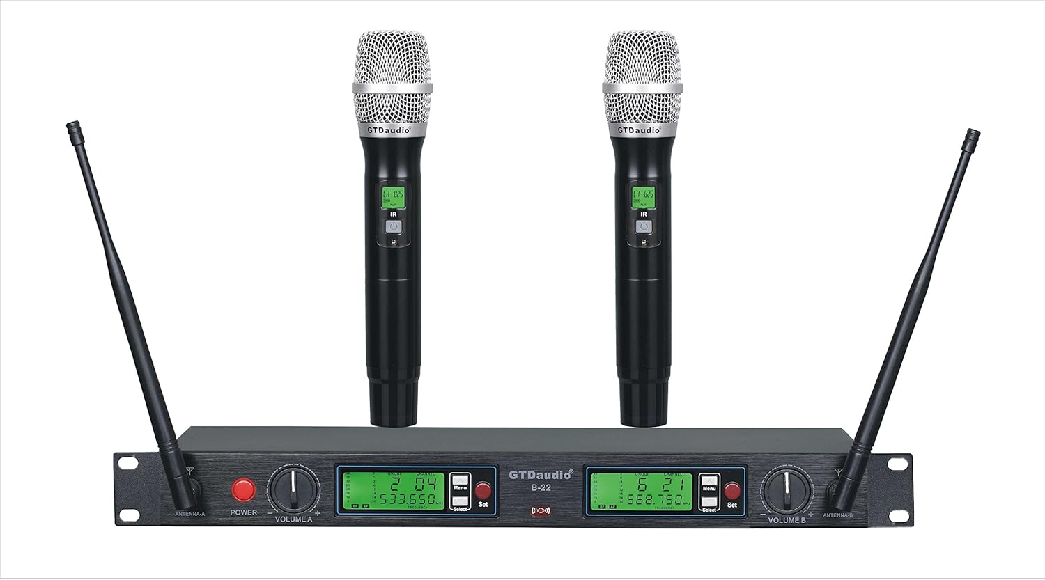GTDaudio UHF 200 Selectable Frequency Channel Professional 2 Wireless Microphone Mic System 22H