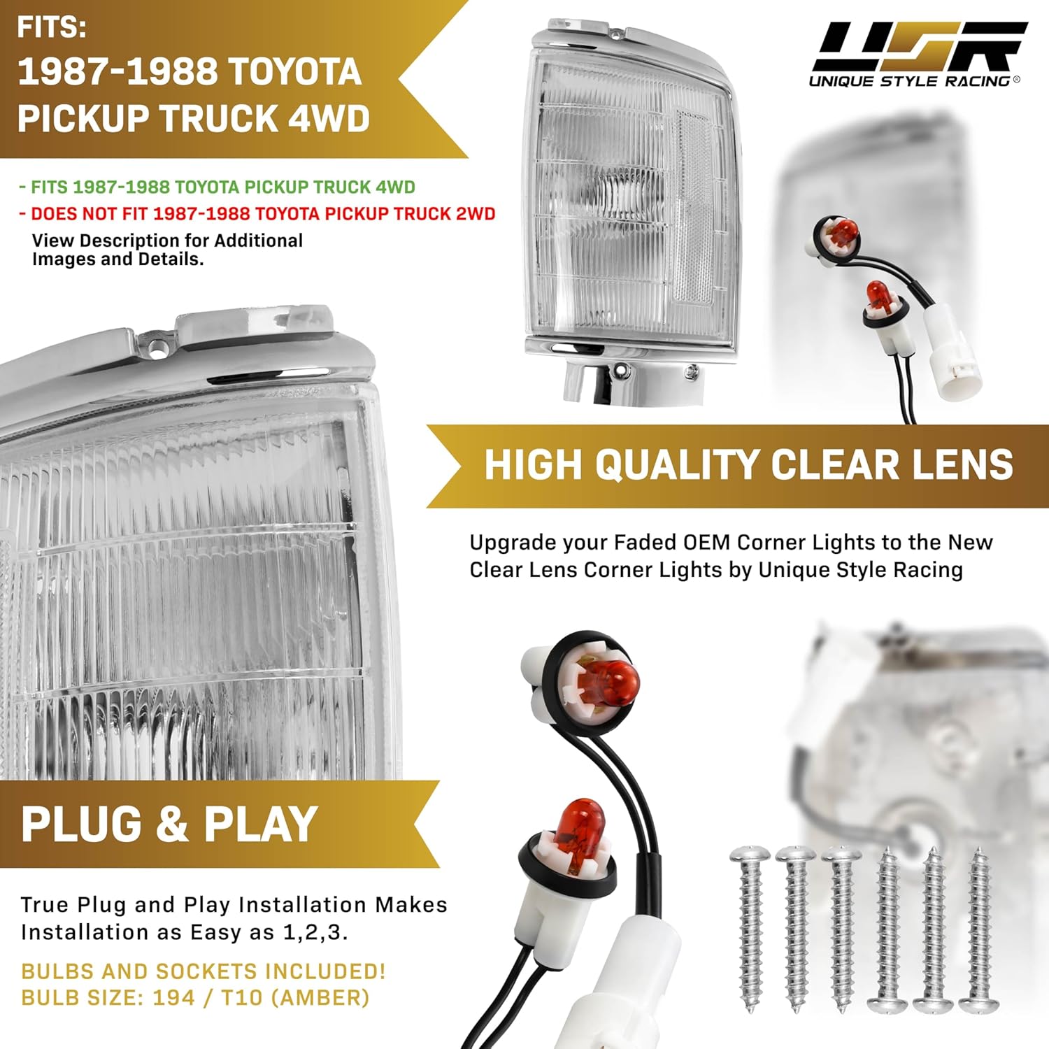 USR 87-88 LN80 PickUp Truck Corner Light – Front Parking Lamps (Left + Right) Pair - Compatible with 1987-1988 Toyota Pick Up 4WD 4x4 Trucks Only All Models (CLEAR LENS LIGHTS with BULBS & SOCKETS)