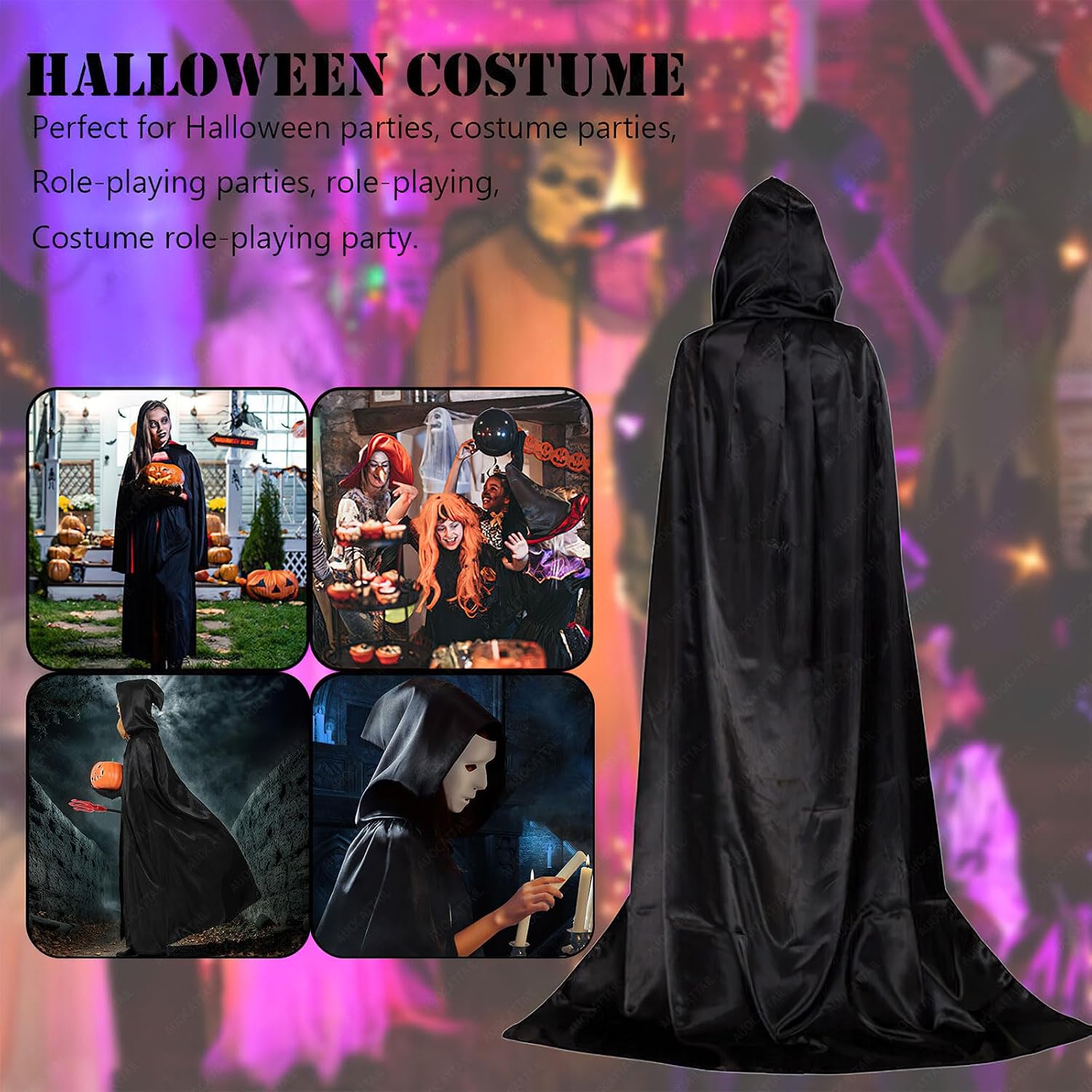 AUOCATTAIL Black Hooded Cloak Long Velvet Cape Halloween Cosplay Vampire Witch Dress up Costume Accessories