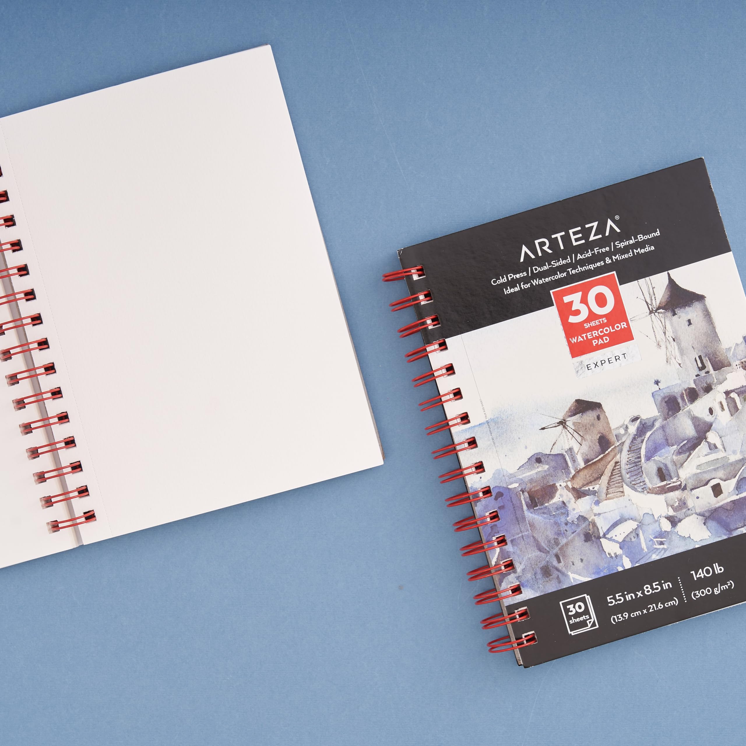 Bloc pour aquarelle ARTEZA Expert, papier pressé à froid sans acide, 5.5 x 8.5 pouces, reliure spirale, 140lb/300gsm, 30 feuilles, paquet de 3