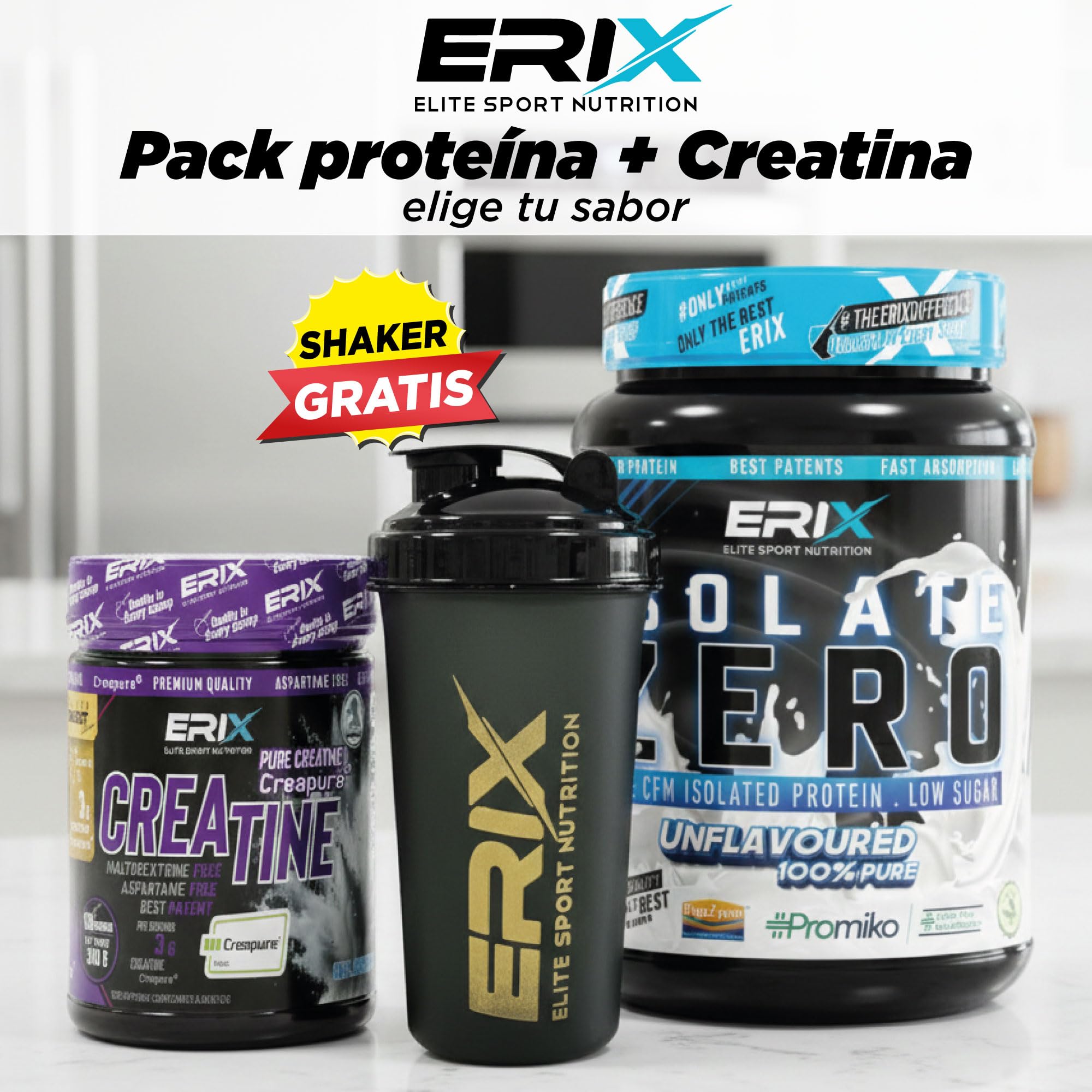 ERIX Nutrición Pack ISO Zero Promiko 900g + Creatina Creapure 300g + Shaker Negro, Proteína Aislada de Suero Alta Pureza con Enzimas DigeZyme, Recuperación, Volumen Muscular (Fresa con Plátano)