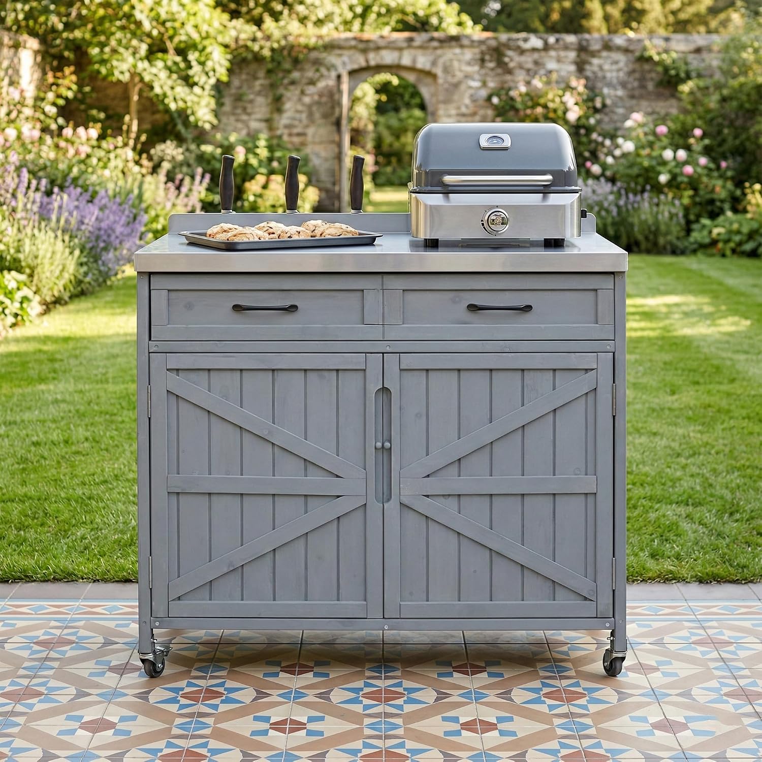 Merax Farmhouse 39.4" Grill Cart with Drawer, Storage Cabinet and Stainless Steel Top, Outdoor Grill Station w/Internal Racks & Lockable Wheels, Modular Kitchen Island for Food Prep & BBQ, Grey Blue