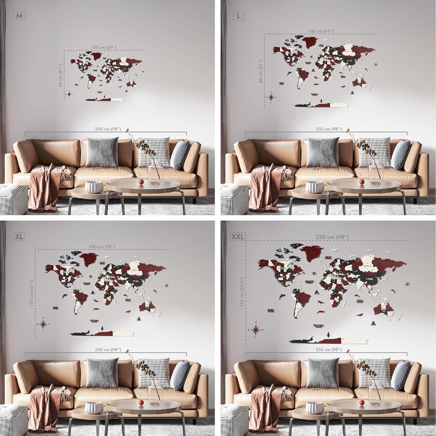 Colorfull Worlds 3D Wooden World Map Wall Art | Unique Wall Decor with Pins for Travel Enthusiasts | Home and Office Wall Décor | Burgundy | Large