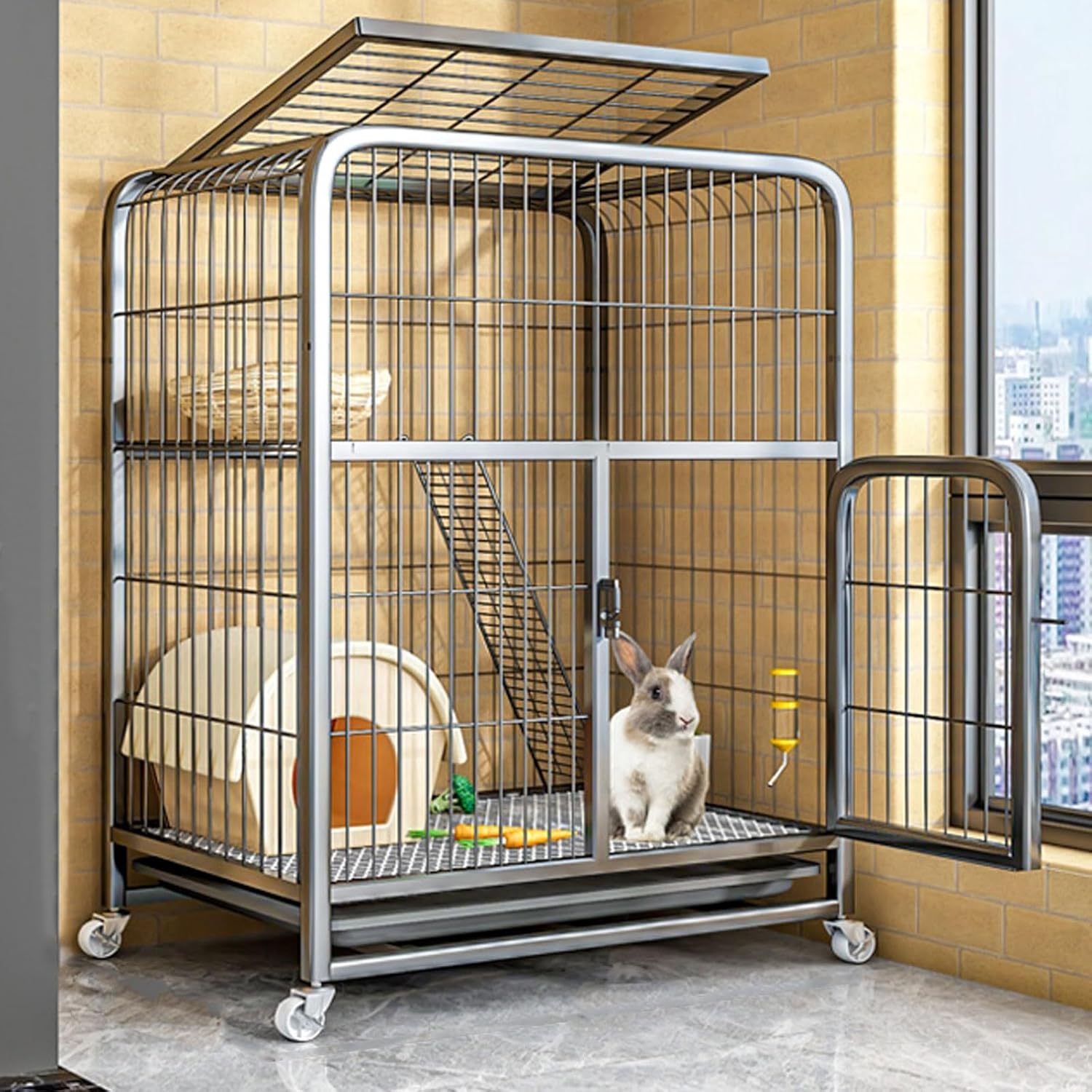 Rabbit Hutch Bunny Cage Indoor with Top, Two Story Bunny Cage with Wheels and Deep Leak-Proof Tray - Indoor Outdoor Guinea Pig Cage