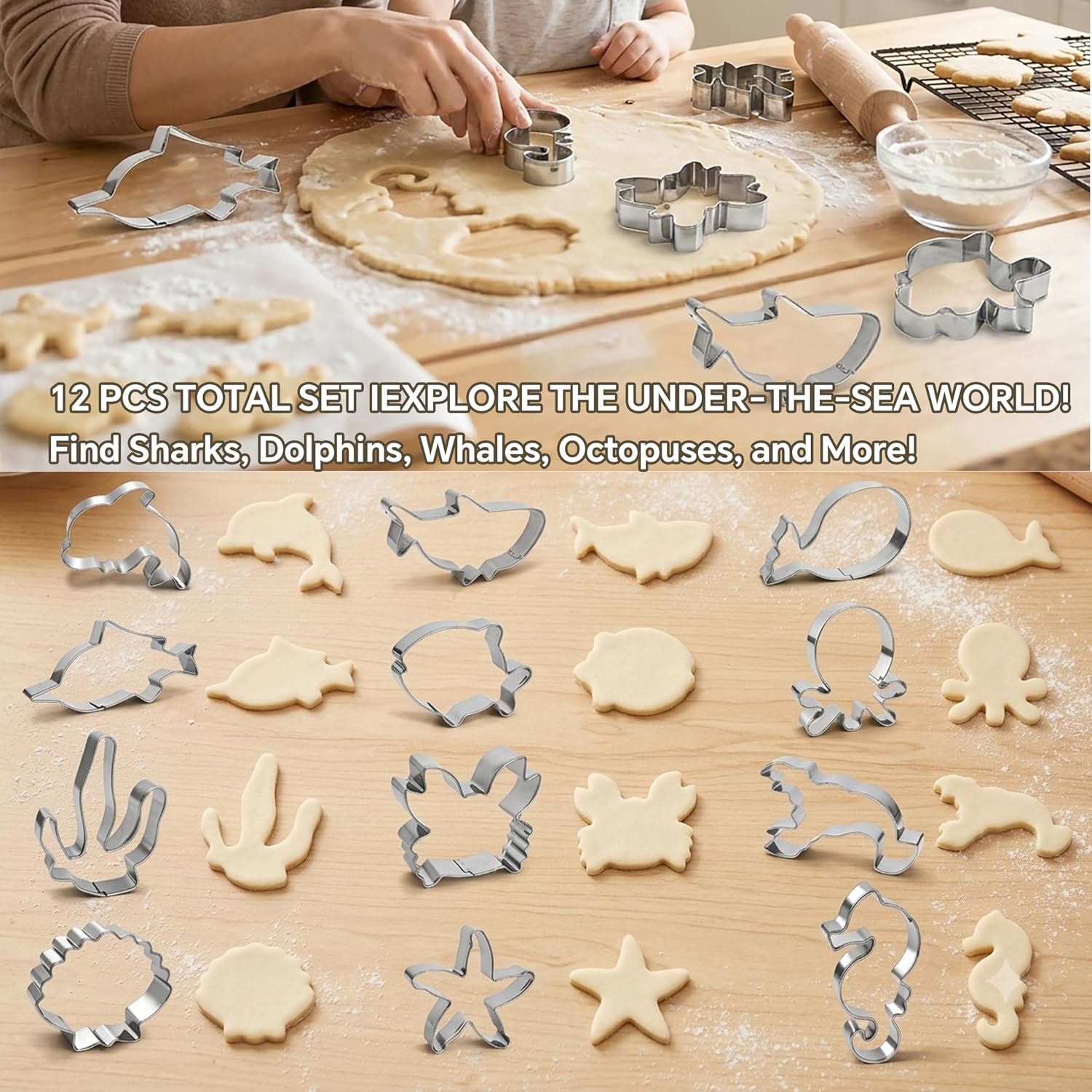 12pcs Ocean Creature Cookie Cutters Set, Food-Grade Stainless Steel Sea Animal Molds for Kids Baking, Fun Shapes for Sandwich, Fruit, Party Treats & DIY Clay Crafts