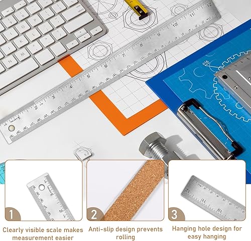 Miniatura 10 de 3 reglas de metal de 6 pulgadas, reglas de acero inoxidable con respaldo de corcho, regla de borde recto antideslizante con pulgadas y centímetros