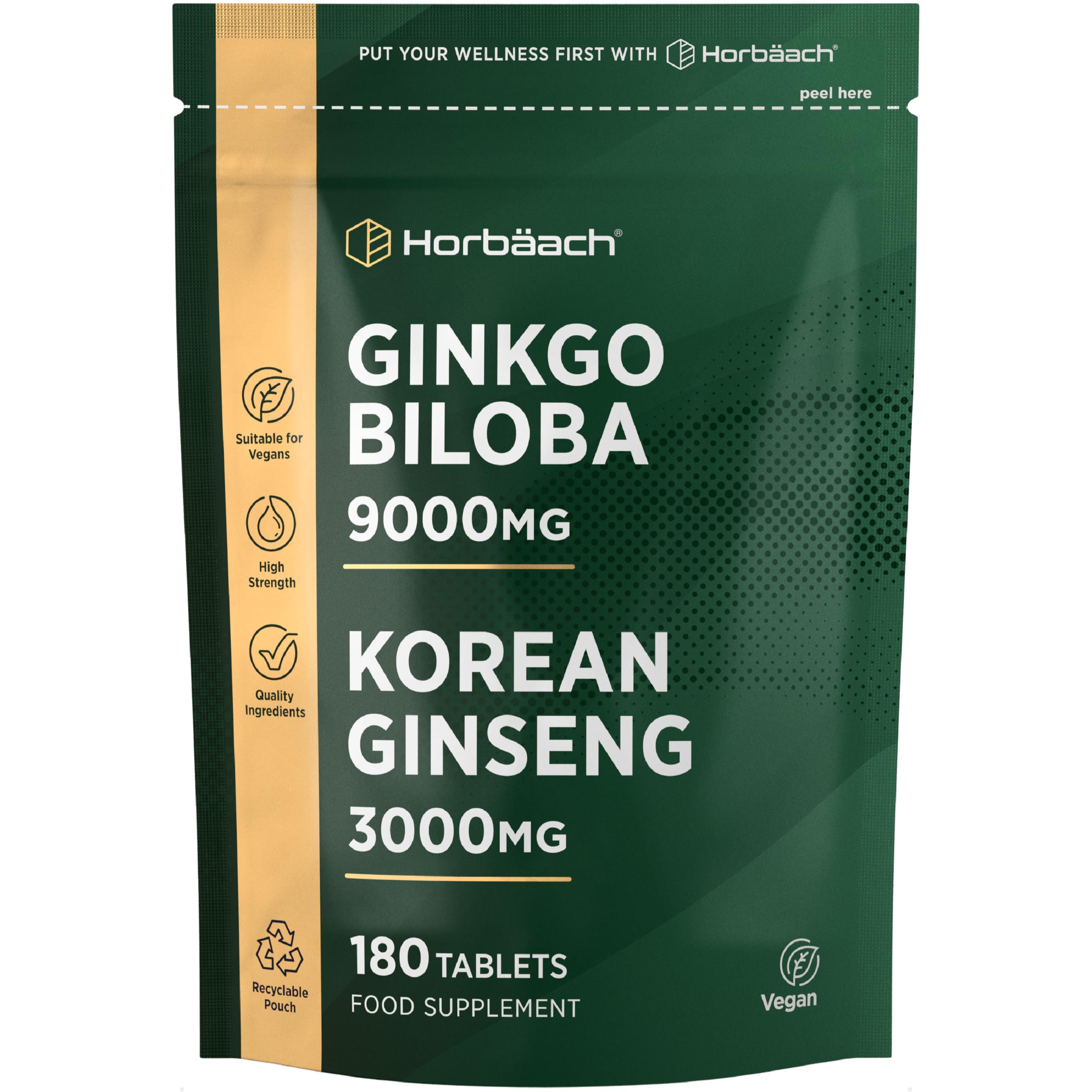 Ginkgo Biloba and Korean Ginseng Tablets | High Strength | Ginkgo 9000mg & Ginseng Root 3000mg | 180 Vegan Tablets | by Horbaach