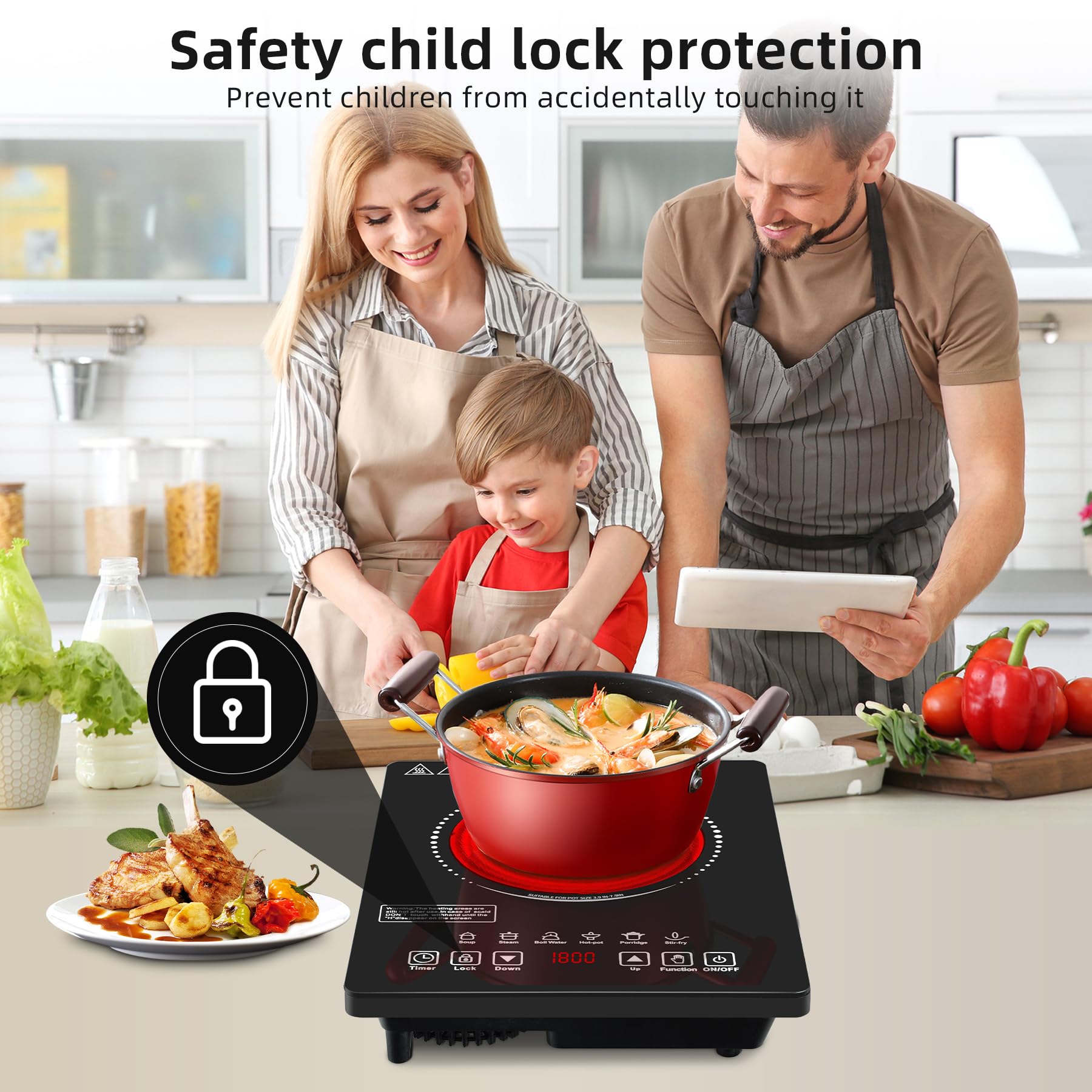 Wesonorous Single Burner Electric Cooktop,110V 1800W Electric Stove Top with LED Touch Control,9 Power Levels, 3 hTimer, Safety Lock,single burner cooktop Overheat protection view 4