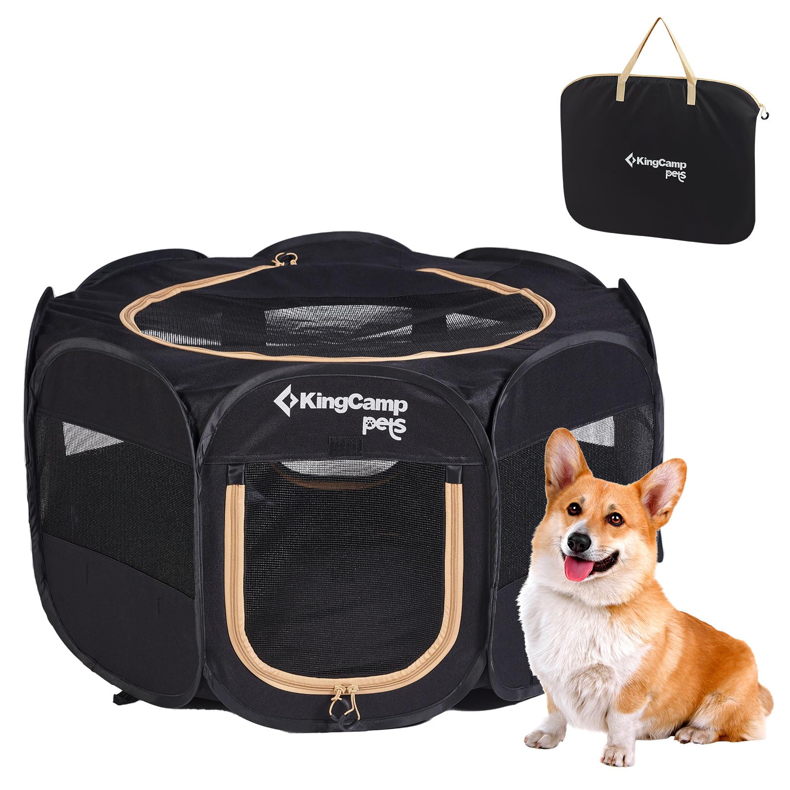 KingCamp Portable Dog Playpen, Puppy Playpen for Medium Dogs and Foldable Pet Playpen Dog Tent with Carrying Case Indoor Outdoor Removable Zipper Bottom