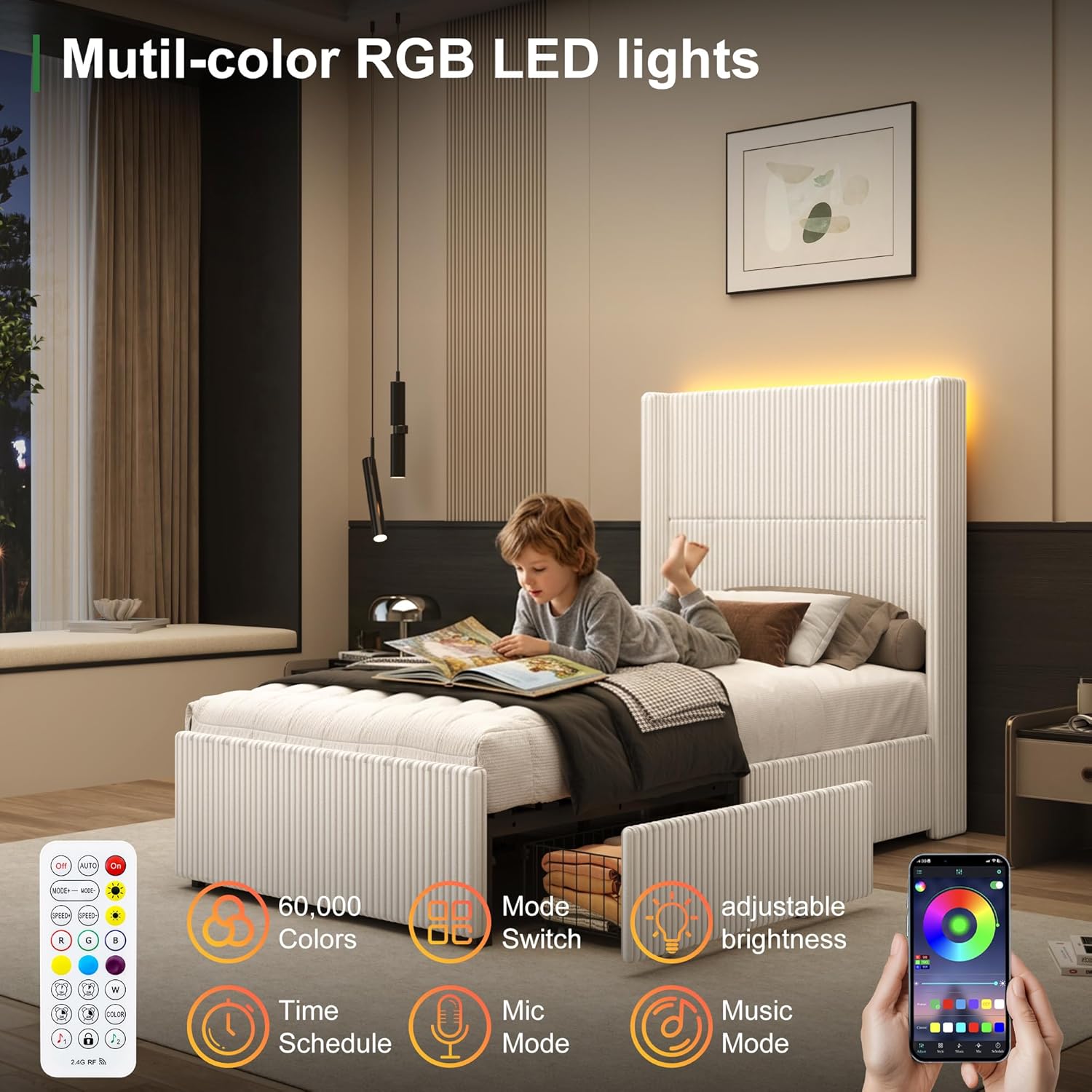 Twin Size Bed Frame with 52” Tall Corduroy Wingback Headboard, Upholstered Platform Bed with 2 Storage Drawers & LED Lights, Vertical Stripes, No Box Spring Needed, Noise-Free, Cream