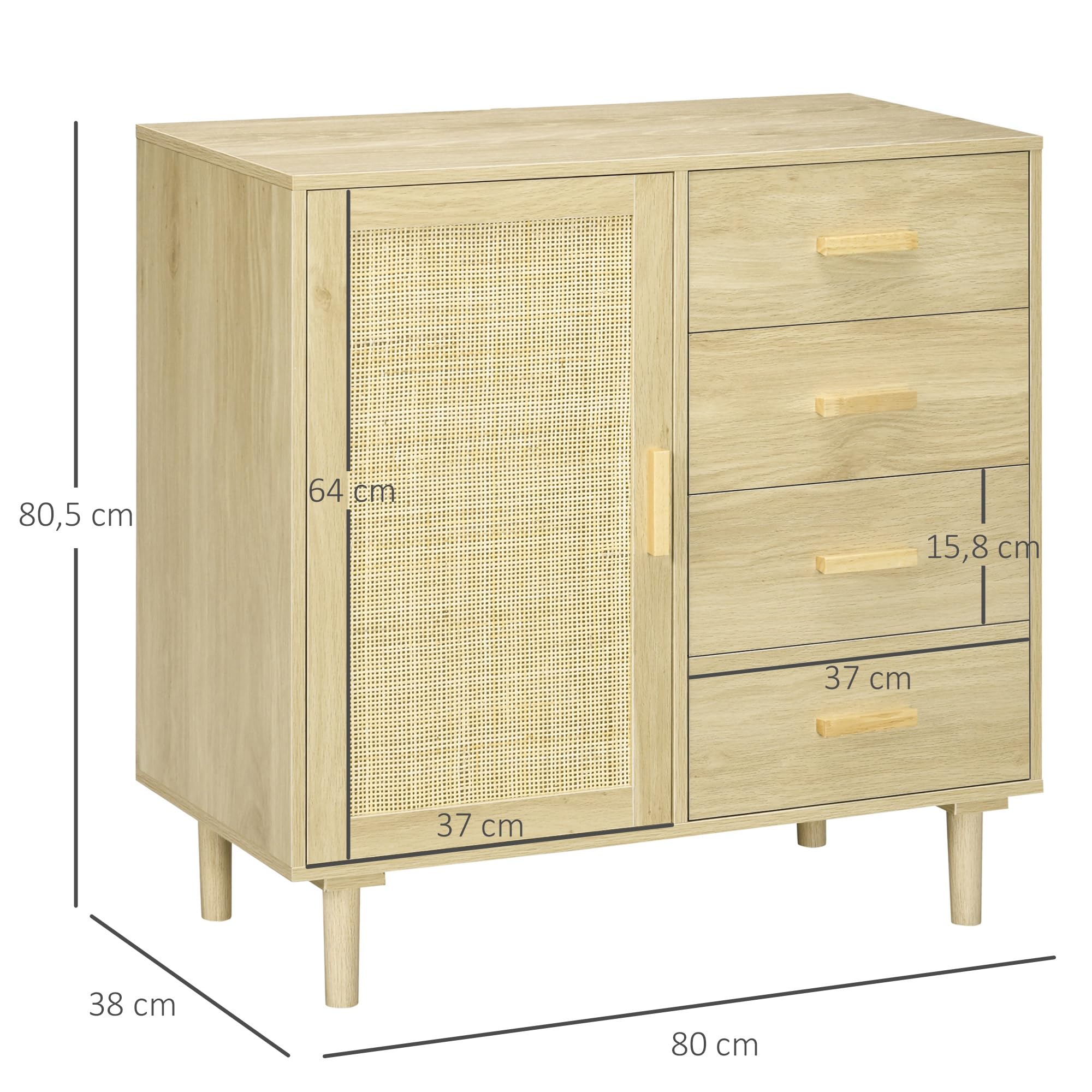 HOMCOM Credenza in rattan con anta in canna e 4 cassetti, credenza per sala da pranzo, soggiorno, camera da letto, 80 x 38 x 80,5 cm, effetto legno naturale