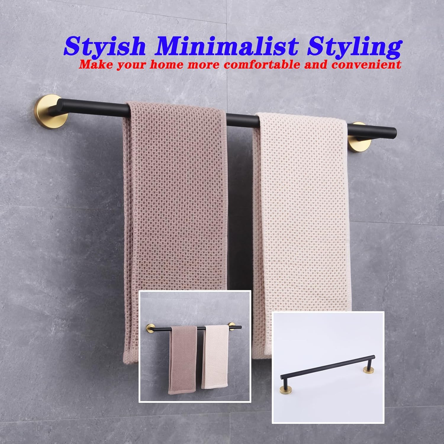 GERZWY SUS 304 Stainless Steel 24-Inch Bathroom Towel Bar Modern Round Style Bath Towel Bar Wall Mount (Black & Gold) AG1101C60-BD