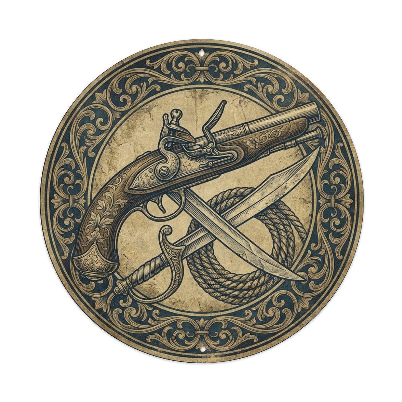 Flintlock Cutlass Rope Floral Engraving Pirate Arsenal Metal Tin Sign