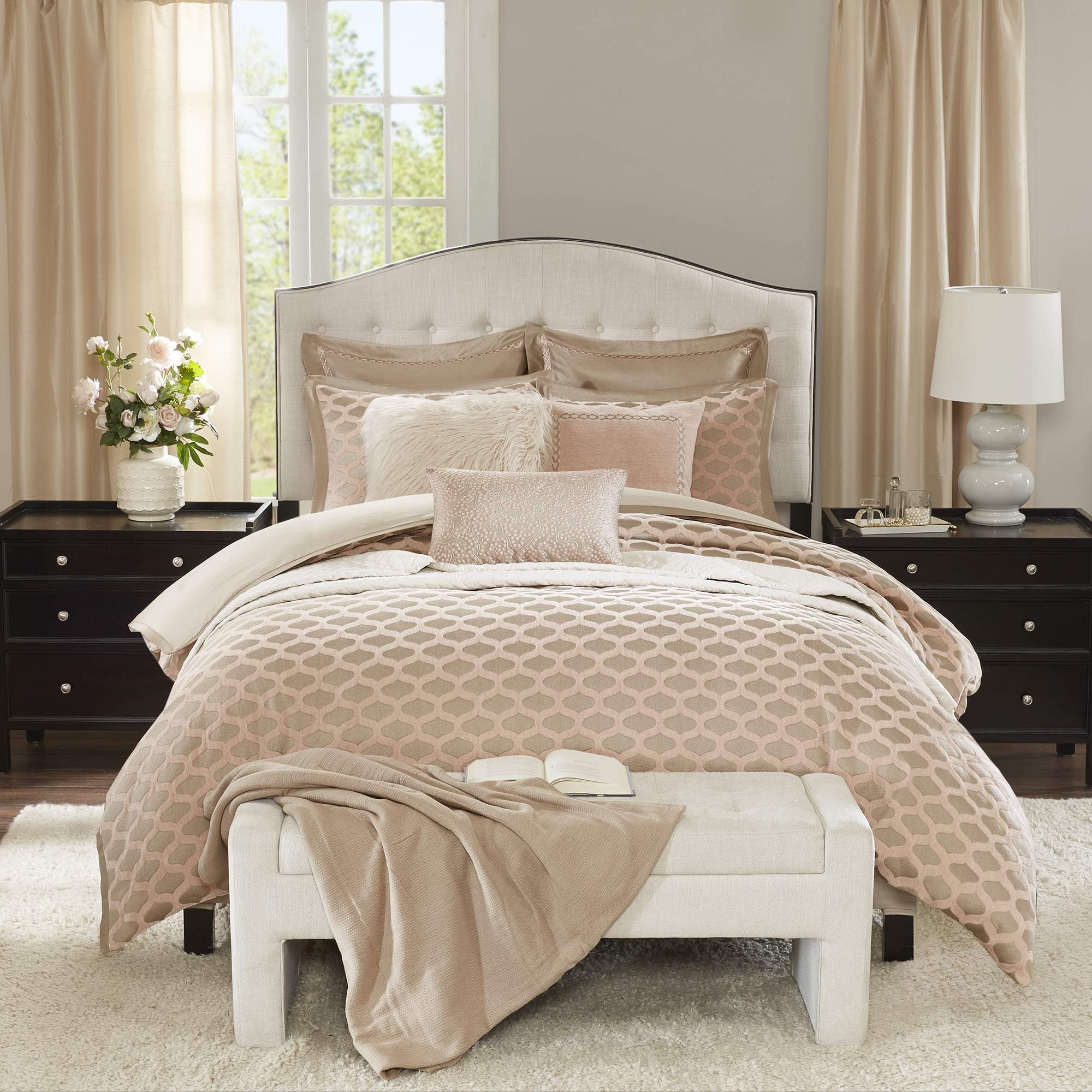 MADISON PARK SIGNATURERomance Cozy Comforter Set - All Season Bedding Combo Filled Insert and Removable Duvet Cover, Shams, Decorative Pillows, Ogee Pink Queen(92"x96") 9 Piece