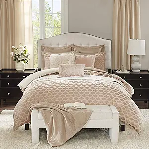 Madison Park Signature Cozy Comforter Set - All Season Bedding Combo Filled Insert and Removable Duvet Cover, Shams, Decorative Pillows, Ogee Pink Queen(92"x96") 9 Piece