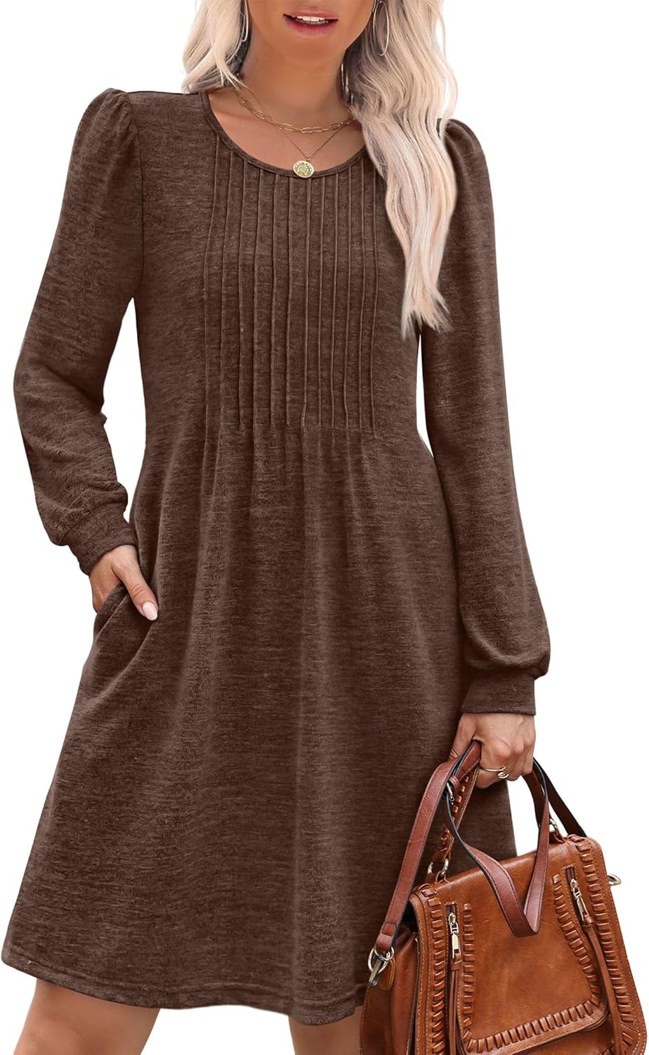 OFEEFAN Long Sleeve Dress for Women Pleated Crew Neck Casual Babydoll Sweater Dress with Pockets Fall Outfits Fashion