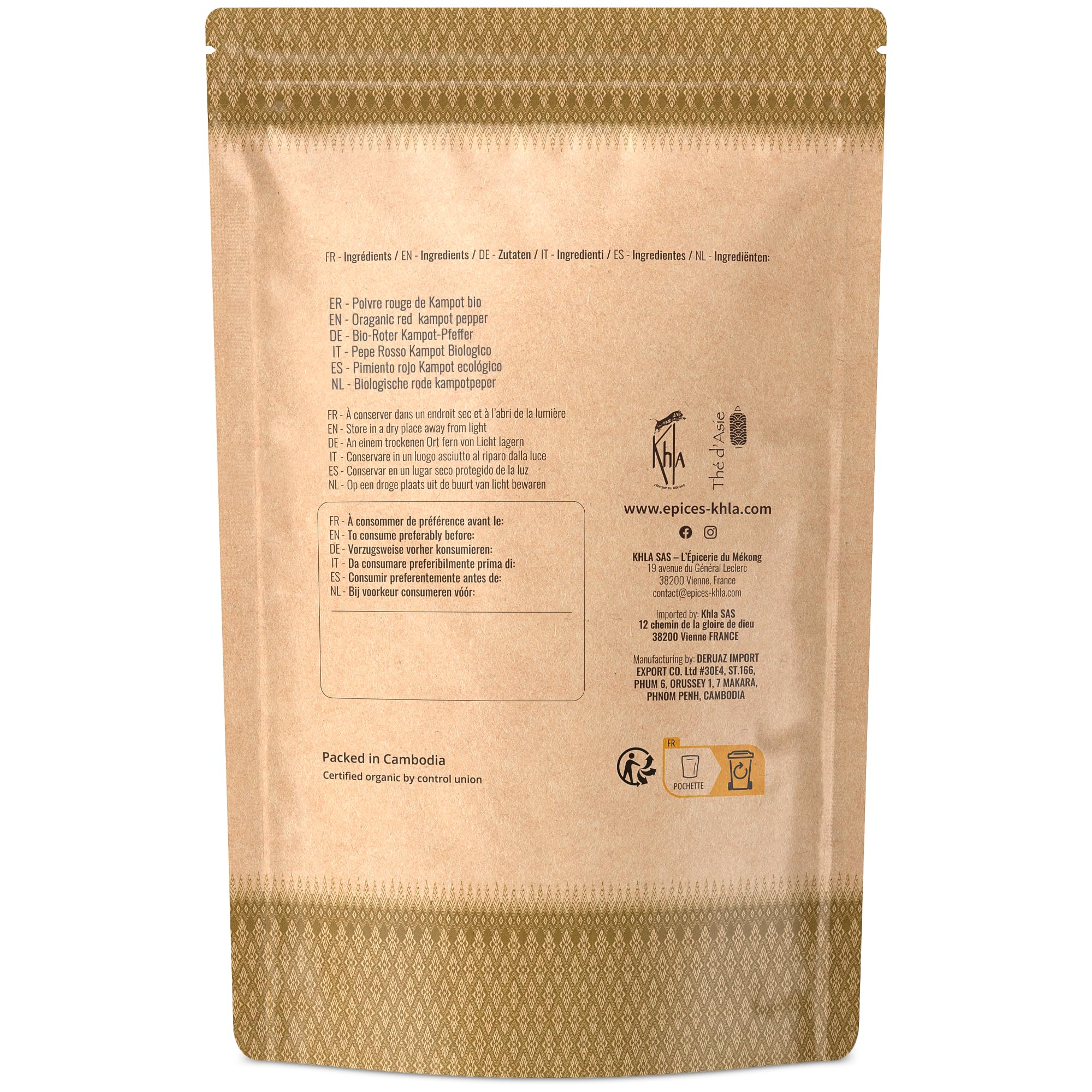 KHLA - Pimienta roja de Kampot Premium IGP - 500g - Pimienta en Grano - Procedente de la Agricultura Ecológica
