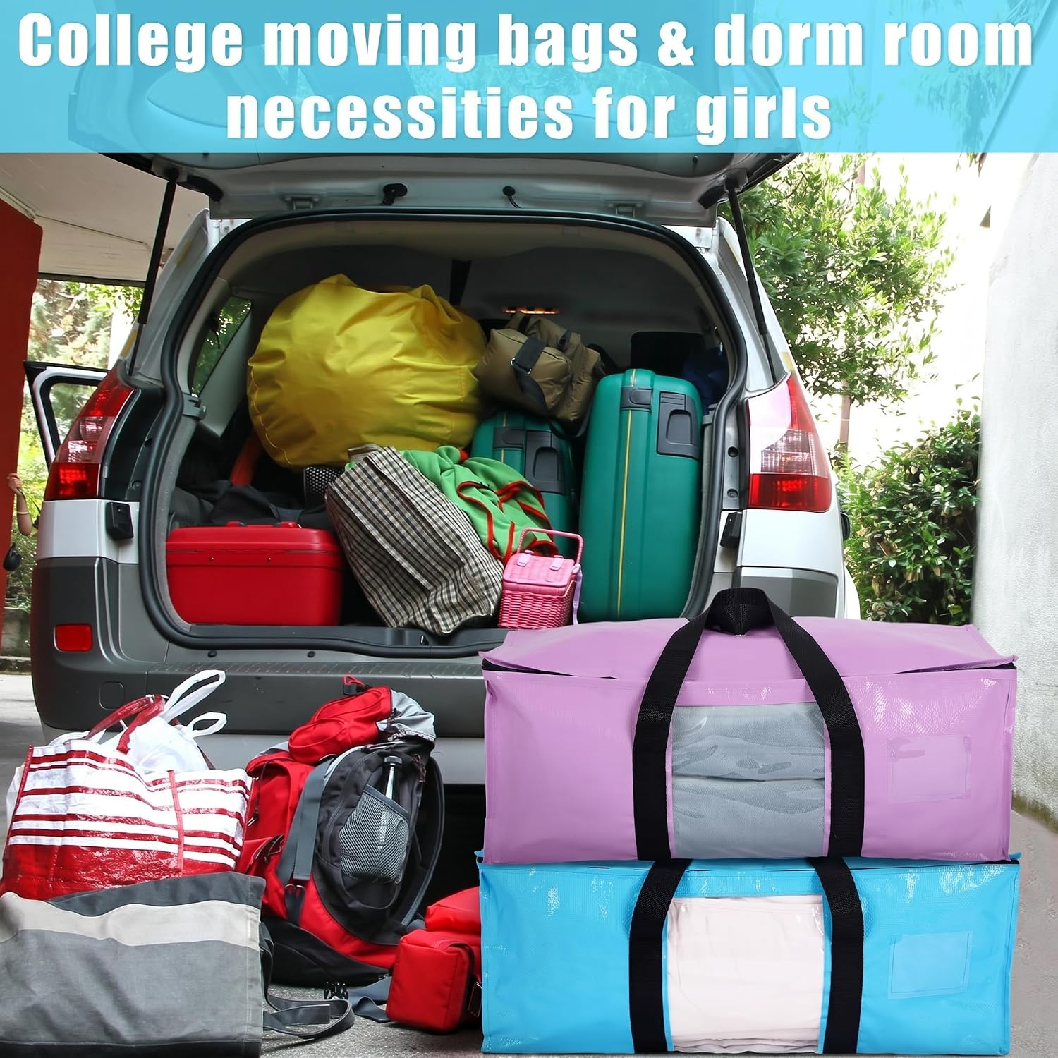 6 Pack Heavy Duty Extra Large Dorm Moving Bags, Pink Purple Blue