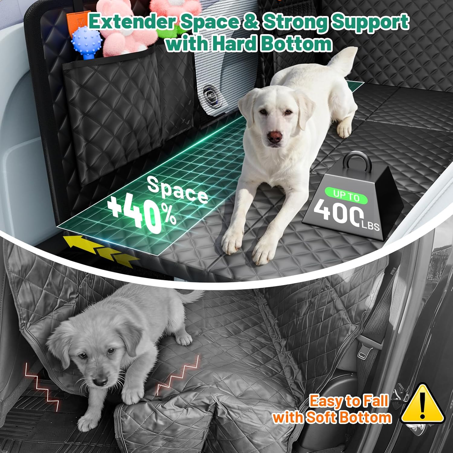 Dog Car Seat Cover for Back Seat,Waterproof Back Seat Extender for Dogs with Hard Bottom,Dog Hammock for Cars, SUVs,Pet Seat Cover for Back Seat Holds 400lbs with Mesh Window & Pocket
